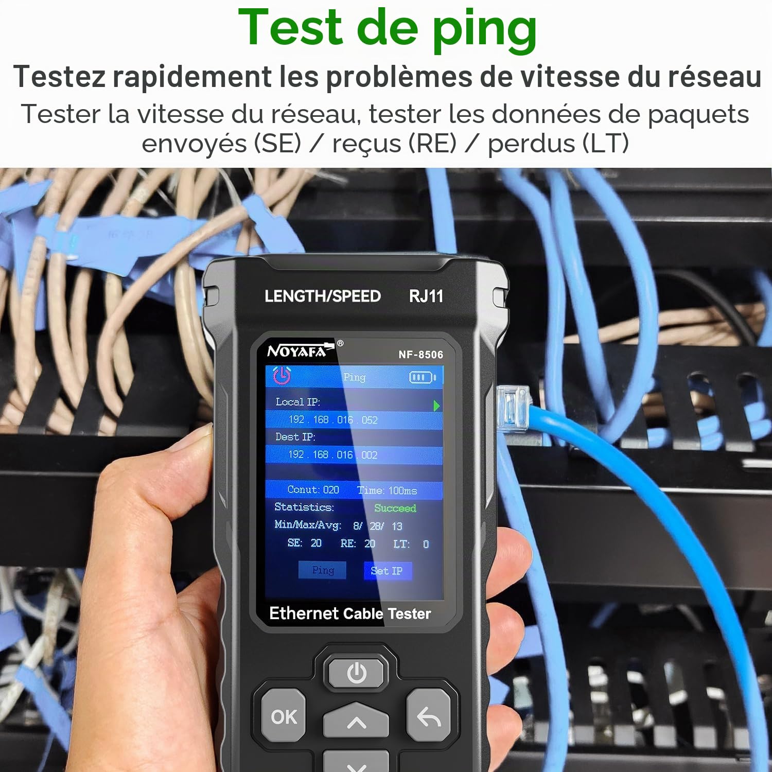 NOYAFA NF-8506 Testeur de Câbles Réseau – Testeur Ethernet avec Ping, Scan IP & TDR, Test de Débit Réseau, Clignotement de Port, Détecteur de Câbles RJ45 RJ11, CAT5 CAT6
