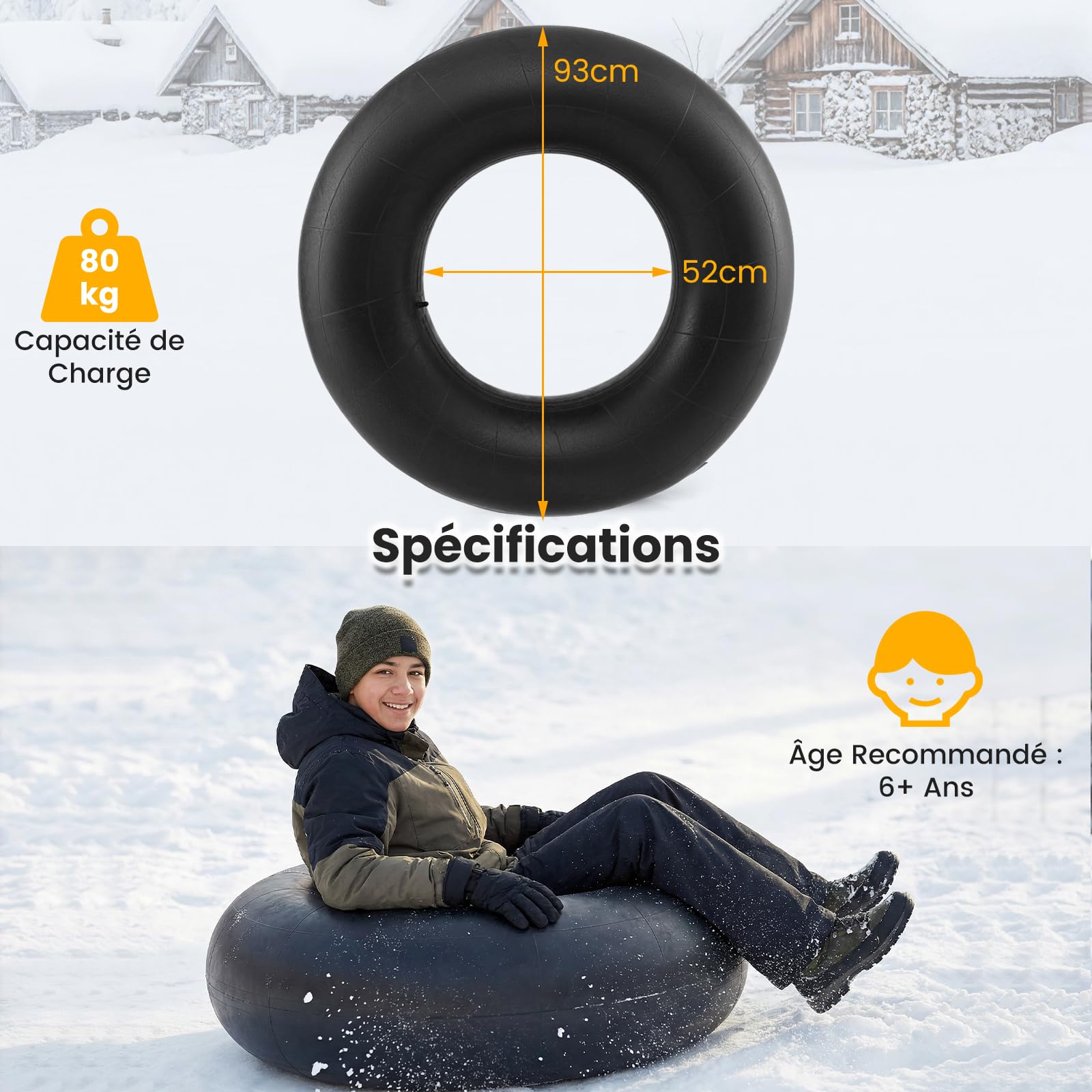 COSTWAY Chambre à Air Robuste de 93 cm, Tube Gonflable en Caoutchouc pour Neige et Rivière avec Bouchon de Valve, Tube d'eau de Qualité Commerciale pour Luge d'hiver Piscine Flottaison