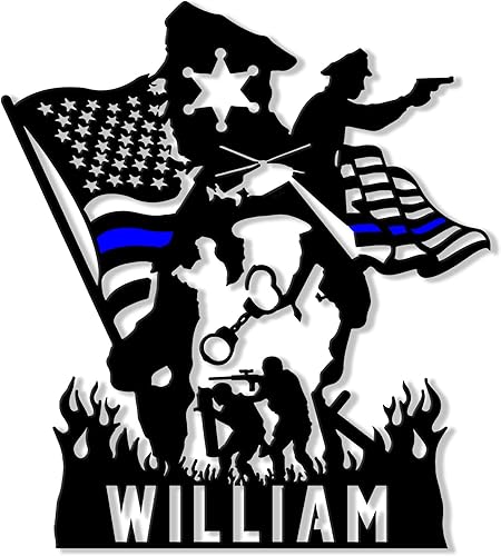 Miniatura 8 de Letrero personalizado de metal de policía, bandera estadounidense delgada de línea azul, letrero colgante de bienvenida al aire libre para porche –