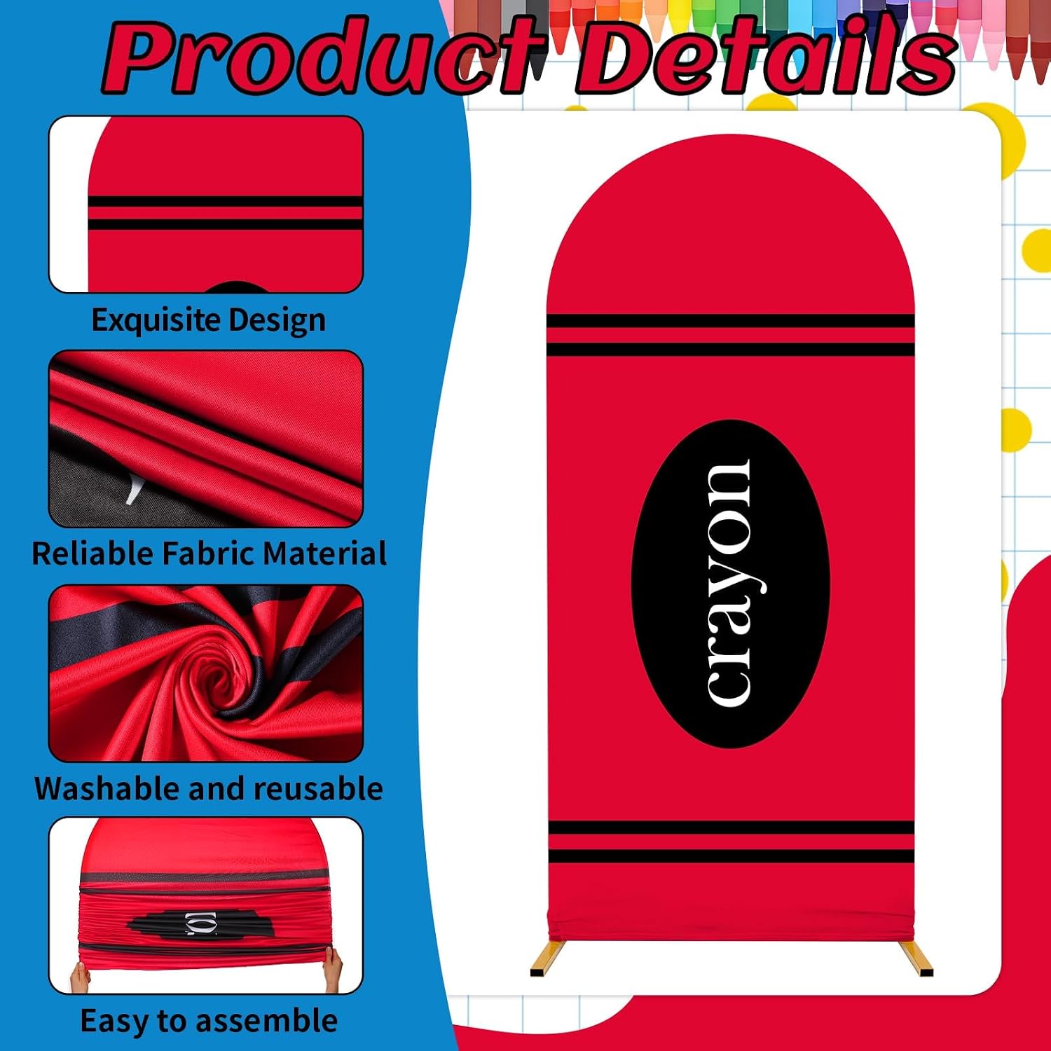 Back to School Arch Backdrop Cover 4ft 5ft 6ft Crayon Stretchy Backdrop Stand Cover Spandex Arch Cover Background Set for Kids First Day of School Background Birthday Party Decorations Supplies image 3