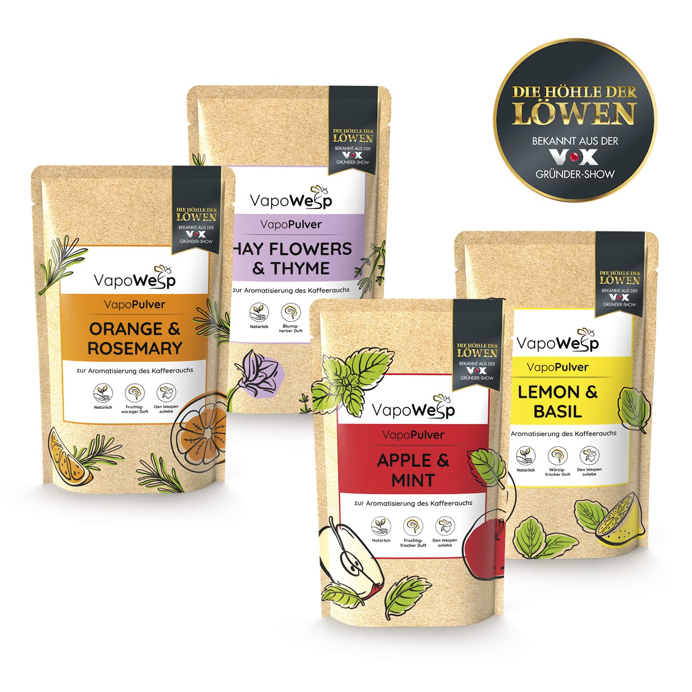 VapoWesp Pulver-Set alle 4 Sorten je 100g | Orange & Rosemary, Apple & Mint, Lemon & Basil, Hay Flowers & Thyme | Aromatischer Duft für die VapoWesp Räucherbox