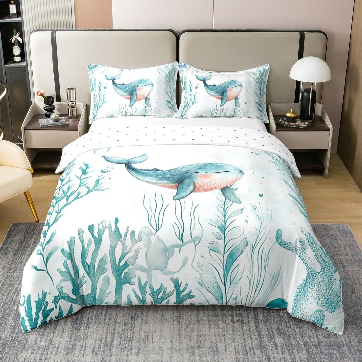 Loussiesd Whale 100% Cotton Duvet Cover King Size Kids Coral Sea Grass Comforter Cover for Boys Girls Teens Sea Underwater World Bedding Set Breathable Sealife Animals Bedroom Decor Bedclothes