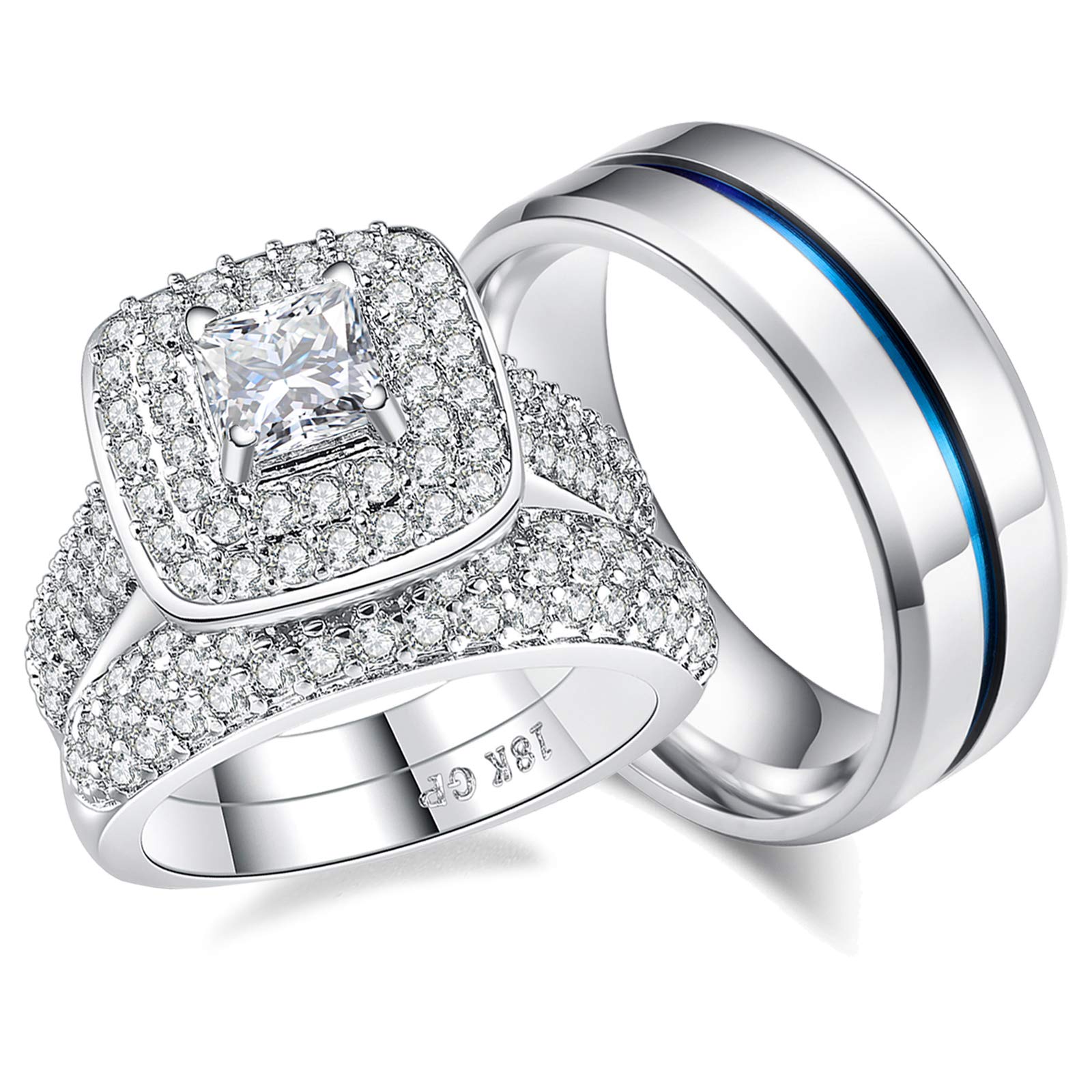 Ahloe Jewelry1.8Ct Princess 18k Gold Plated Plated Wedding Ring Sets for Him and Her Women Men Titanium Stainless Steel Bands Cz Couples