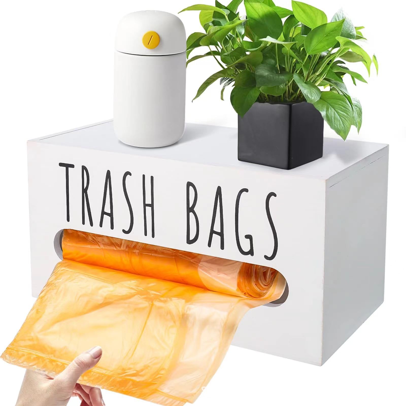 QRZLP Trash Bag Dispenser, Wall Mount Trash Bags Holder Dispenser with Lid Wooden Kitchen Trash Bag Roll Organizer Plastic Garbage Bag Storage for Cabinet. (White)