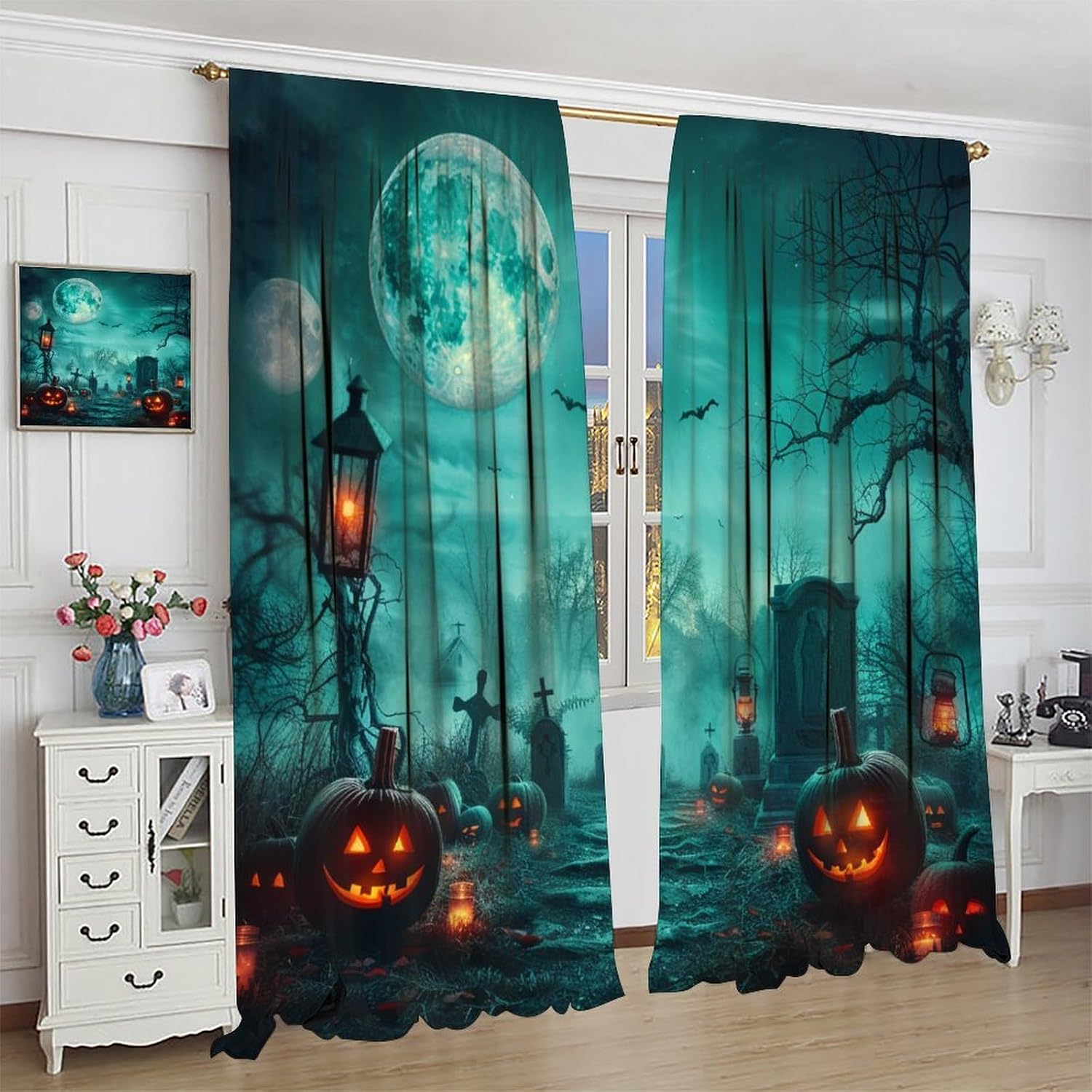 Pumpkin Halloween Blackout Curtains for Bedroom, Gothic Graveyard Moon Curtains Rod Pocket Thermal Insulated Window Drapes for Living Room, 2 Panels/Each 21" W x 45" L