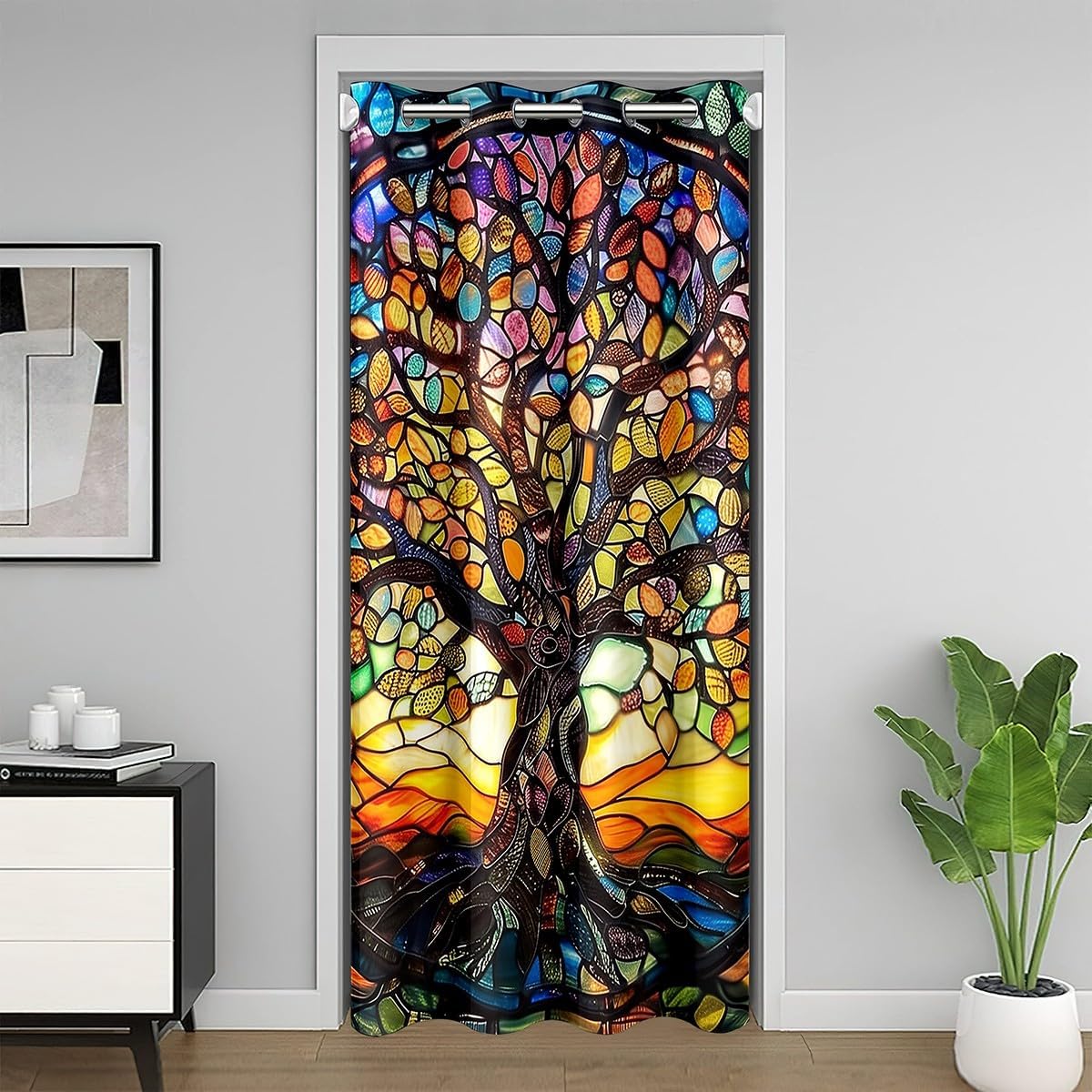 Castle Fairy Tree of Life Door Curtain for Doorway Privacy,Modern Artwork Sliding Closet Door Curtains Abstract Nature Landscape Privacy Curtain Cover for Room Divider Yellow Blue Curtain,W42 X L80