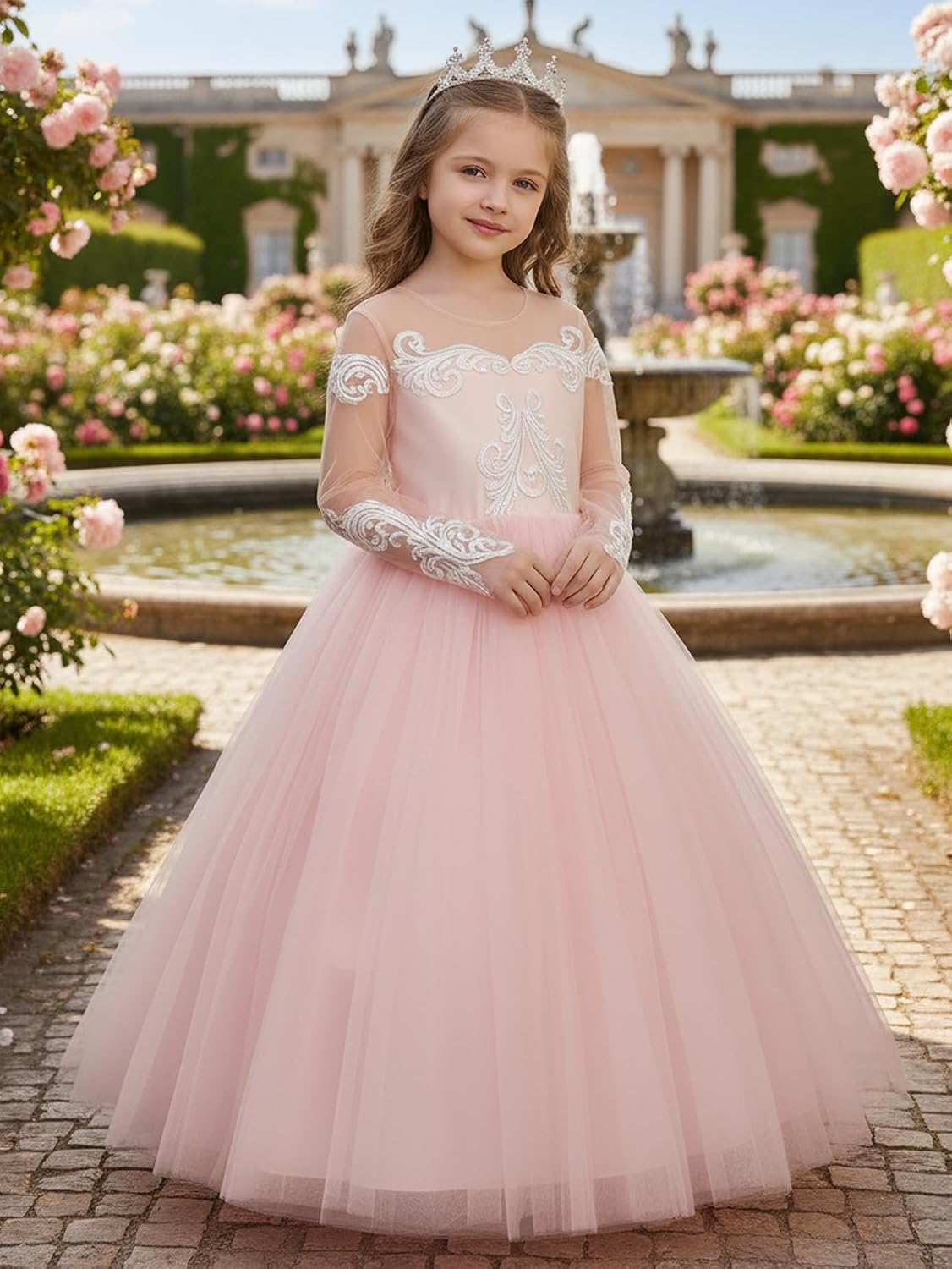 ABAO SISTER Girls' White Tulle Lace Embroidered Flower Girl Dress Communion Wedding Party Gown Elegant Princess Formal Dress