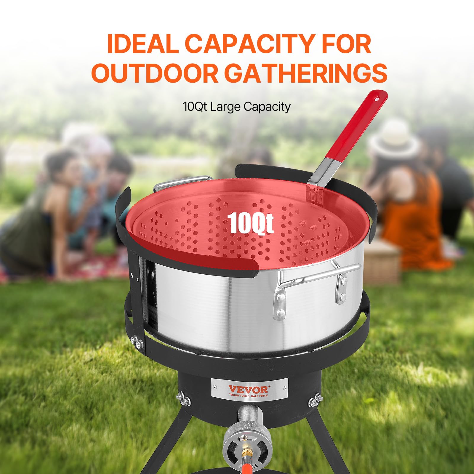 VEVOR Friteuse à poissons, friteuse à ailes, 9,35 l, en aluminium, avec thermomètre, panier à tamis et brûleurs au propane 54 000 BTU, pour cuisiner en plein air