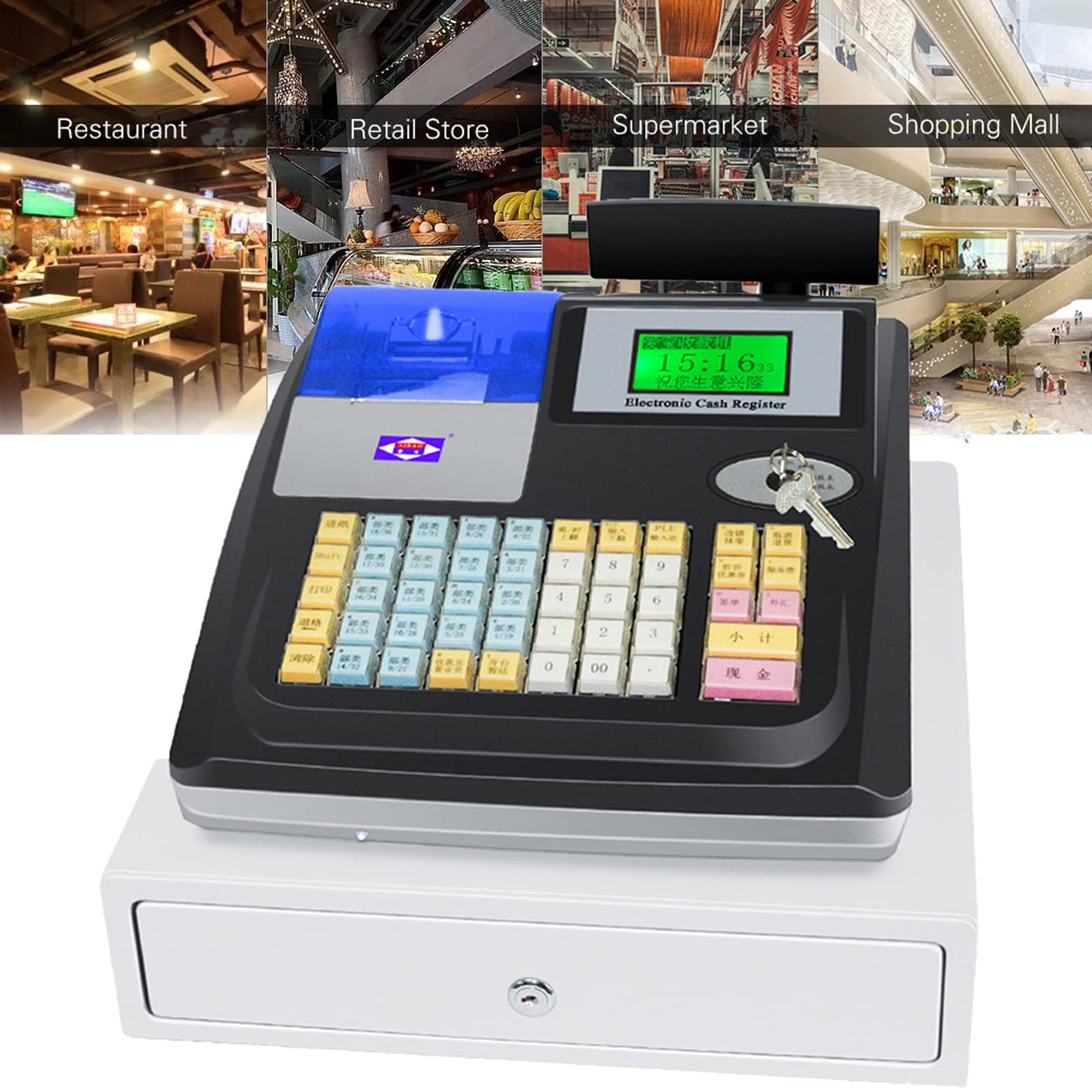 Registrierkasse mit 48 Tasten, Flacher Tastatur und Thermodrucker, 8 Digitale LED-Gewerbekasse, Ideal für den Einzelhandel oder das Gastgewerbe,Black