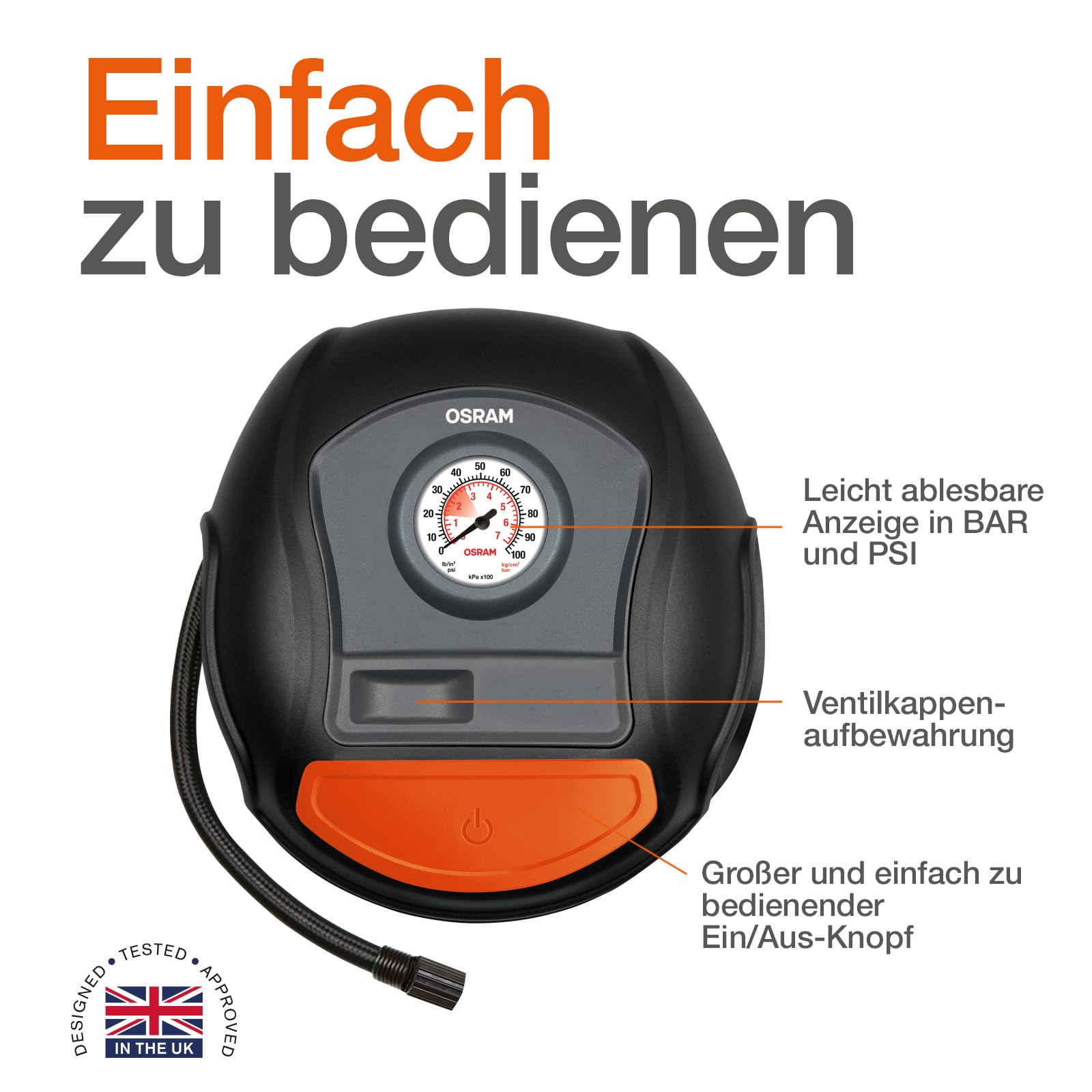 OSRAM TYREinflate 200, Analoge Reifenpumpe, tragbarer 12V Kompressor für Autoreifen, Stromanschluss via Zigarettenanzünder, Reifenbefüllung in 4,5 Minuten