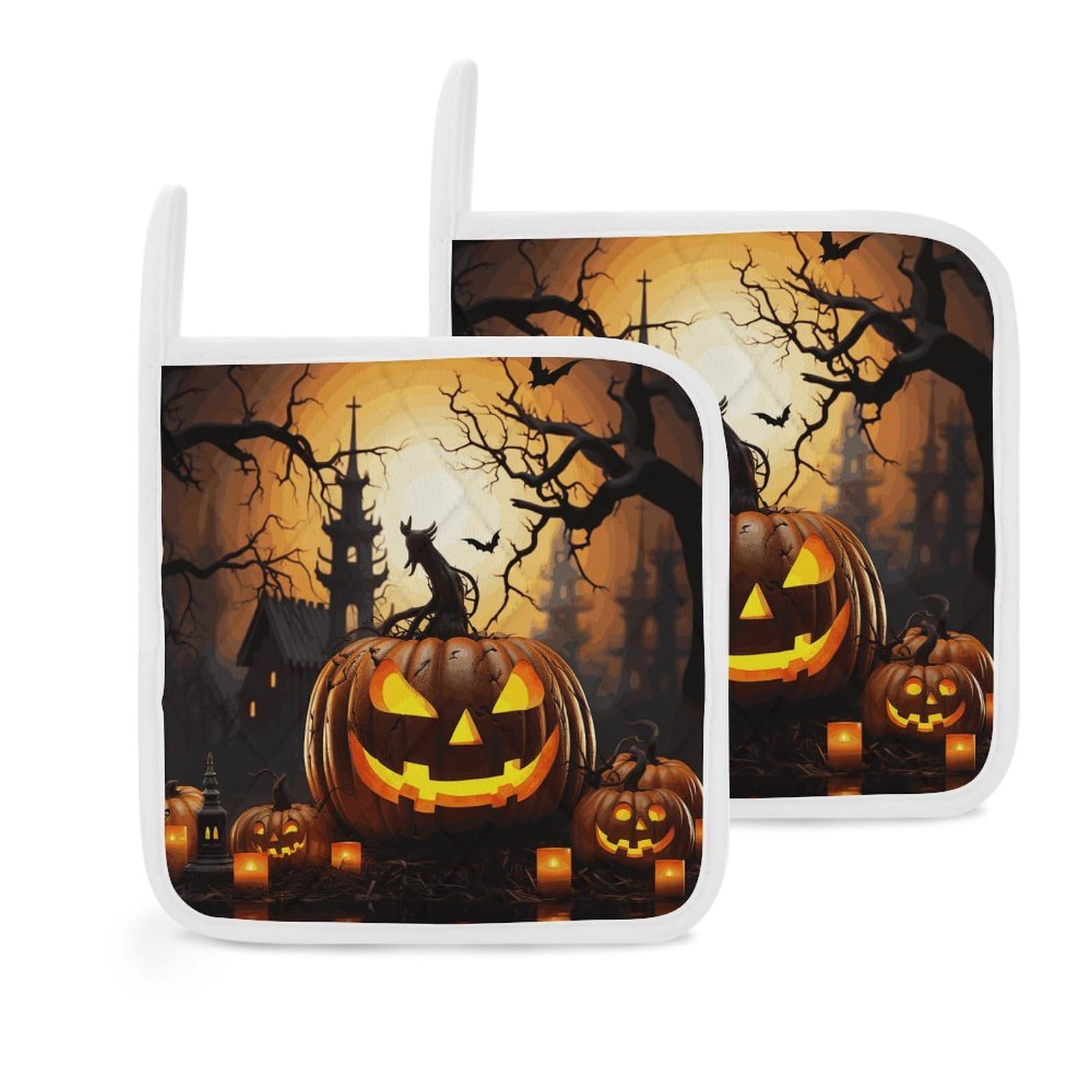 Btcowzrv Style Halloween Pumpkin 2 Pack Pot Holders For Kitchen, Heat Resistant Potholder Set With Hanging Loops, Hot Pads For Oven Baking Cooking