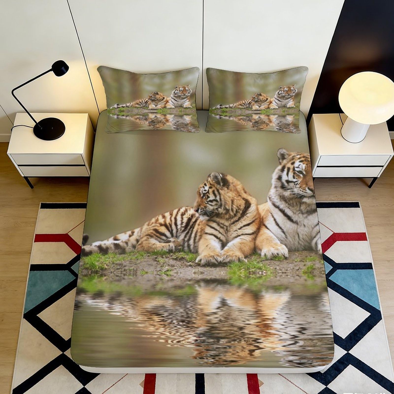3D Printed Tiger Pattern Fitted Sheet Microfiber Deep Pocket Bedroom Bedding Tiger Mattress Fitted Cover Washable 200x200x25cm