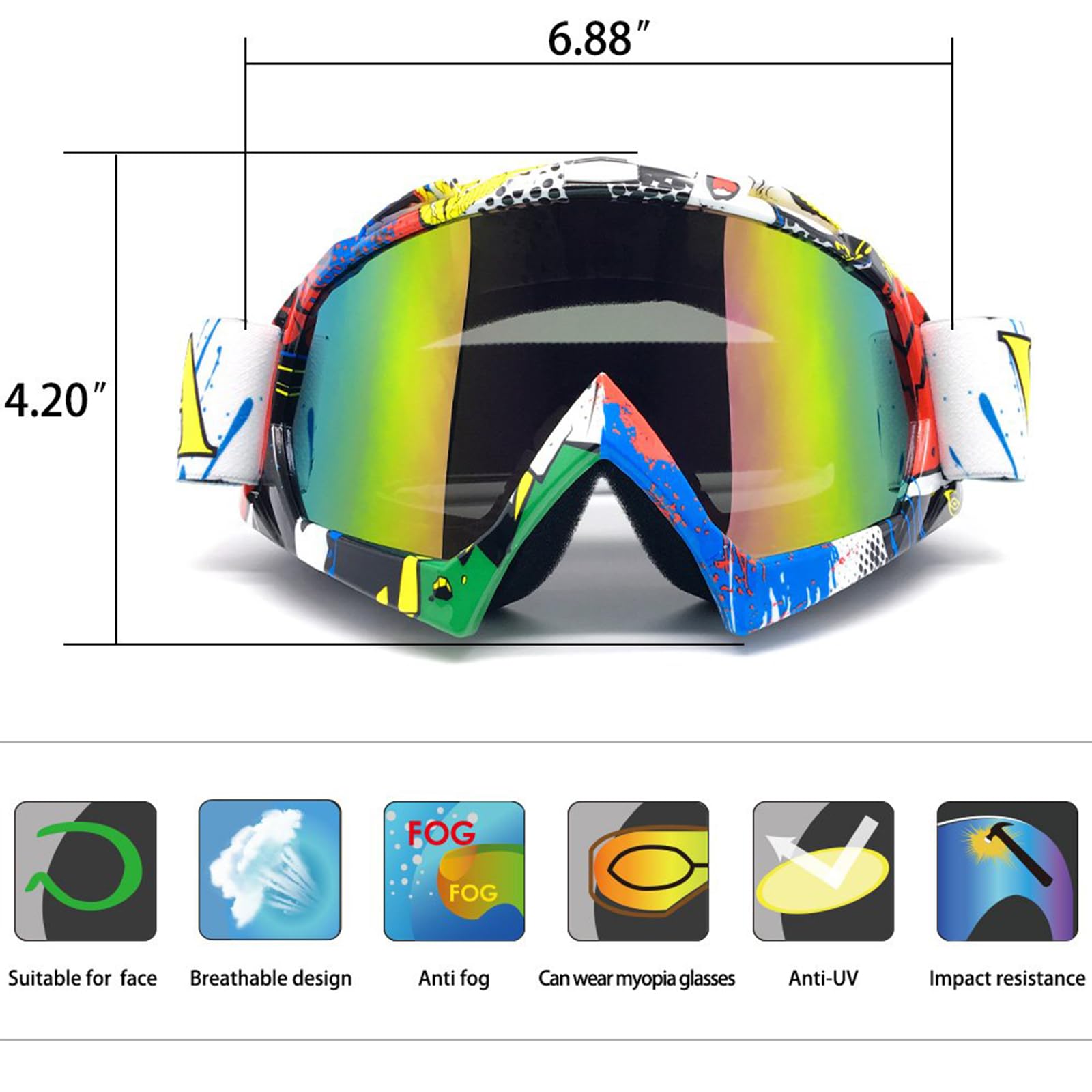 Occhiali da neve pieghevoli, unisex, per motocross, sport, motoslitta, snowboard, sci, anti nebbia, polvere, UV, antipolvere, antigraffio