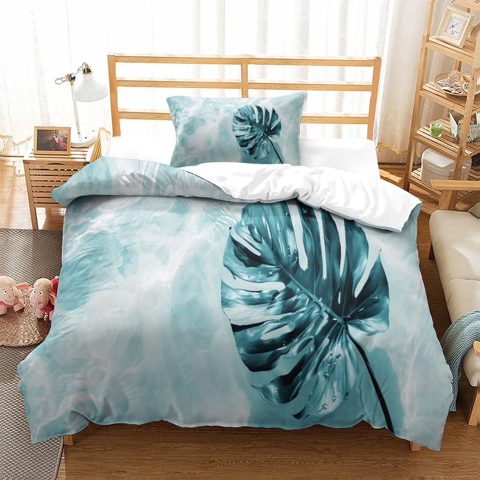 P1s9u7w5y Water Ripple Botanical Decor 3D Printed Duvet Cover Set 3Pcs Microfiber Leaf Pattern Bedding Set Single（135X200cm）
