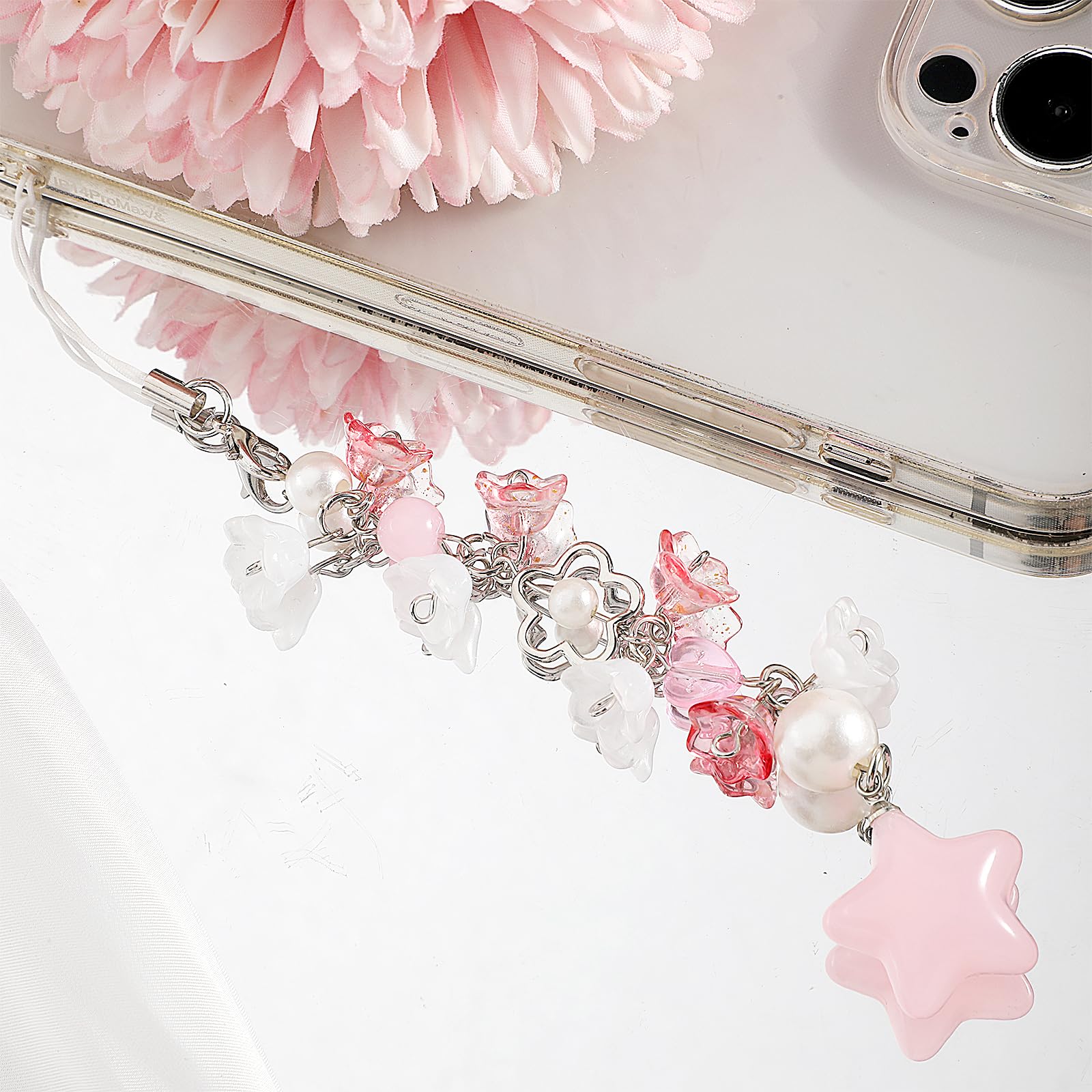 Mabor Pendentif téléphone portable rose fleurs étoiles Y2K dragonne porte-clés