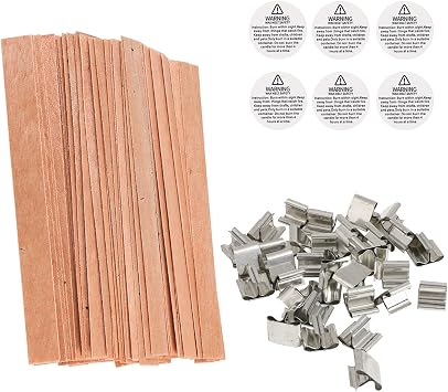 BENBO 154Pcs Wood Candle Wicks, 5.1 X 0.5 Inch Smokeless Crackling Natural Wicks with Iron Stand and Candle Warning Labels for DIY Craft (50 Sets)