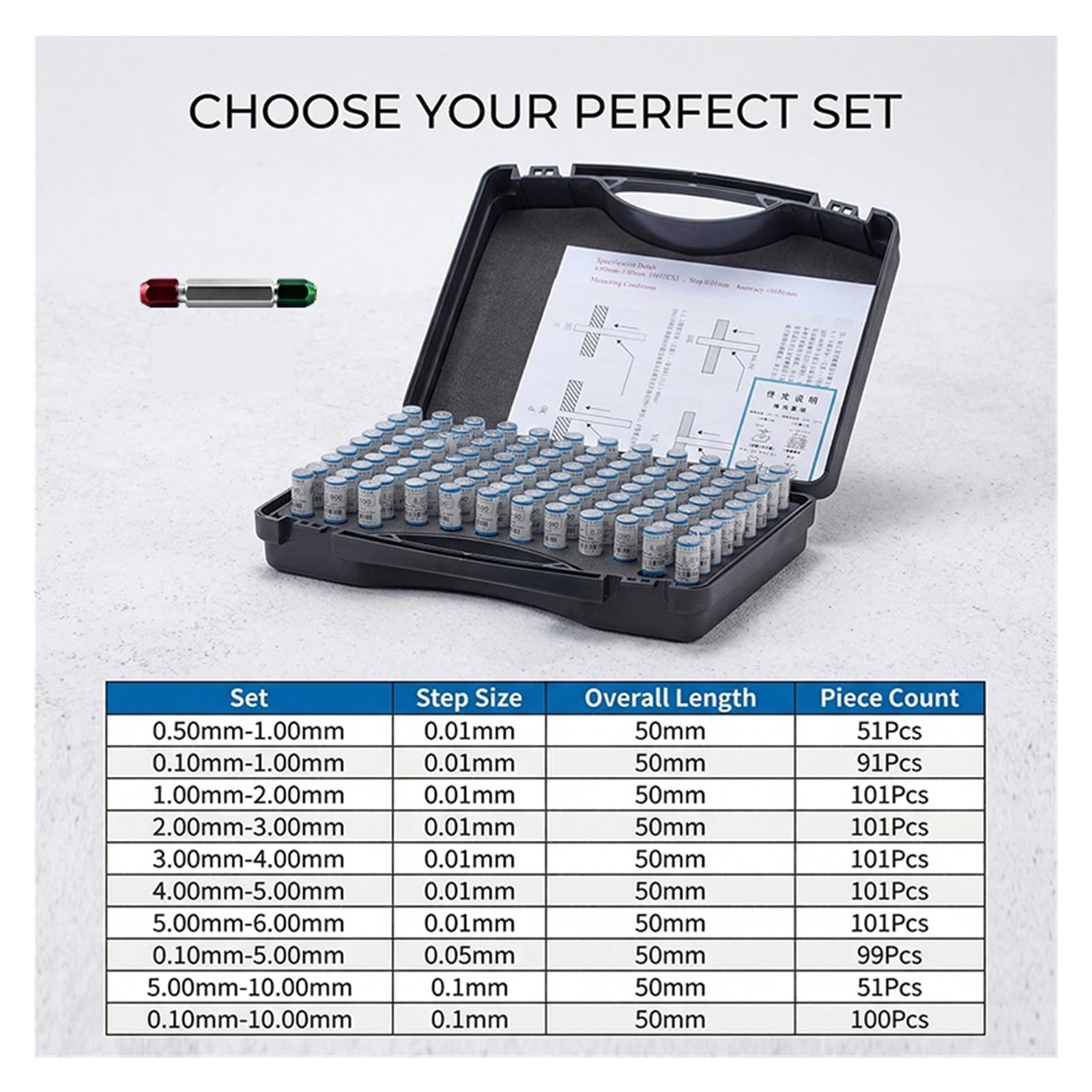 Juego De Calibradores De Precisión De 10mm, Paso 0,01/0,05/0,1mm, Herramientas De Inspección Y Calibración De Micrómetro De Acero Medición precisa(0.10-10.00mm 100Pcs)