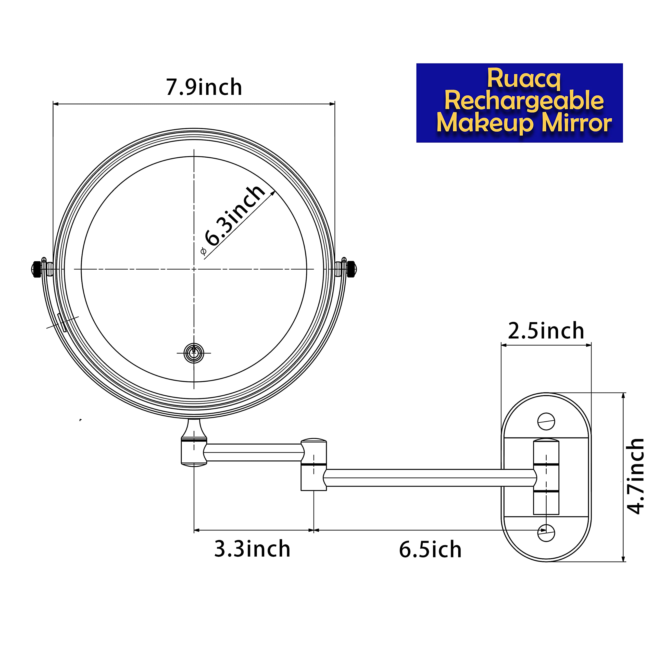 Ruacq Rechargeable Makeup Mirror Matte Black Double Sided Vanity Mirror with Lights Round 1x/10x Magnification 8 Inch Led Magnifying Mirror Stainless Steel and Zinc Alloy Modern Wall Mounted
