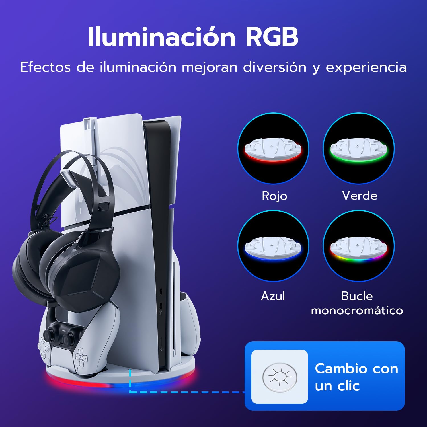 Wigearss Soporte Vertical para PS5 Slim, Base de Carga para Controladores Dual PS5 y Soporte para Auriculares, con Luz Ambiental LED, Compatible con PS5 Slim DE/UHD (No Compatible con PS5/Pro)