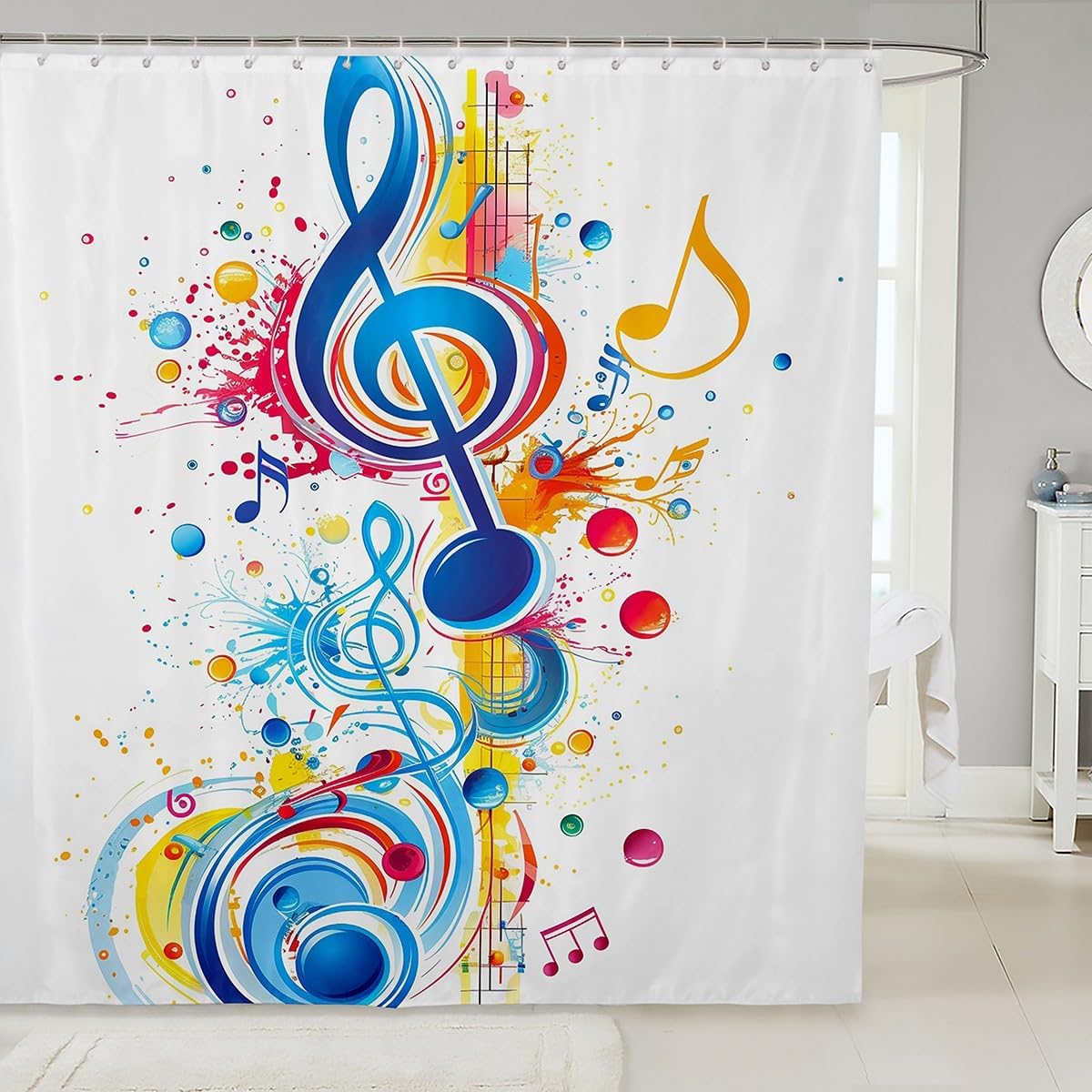 Feelyou Music Shower Curtain Music Pattern with Notes and Clef Fabric Shower Curtain Boys Girls Tie Dye Blue Bathroom Waterproof Accessories with 12 Hooks Bathroom Decor Curtains,72x84 Inches