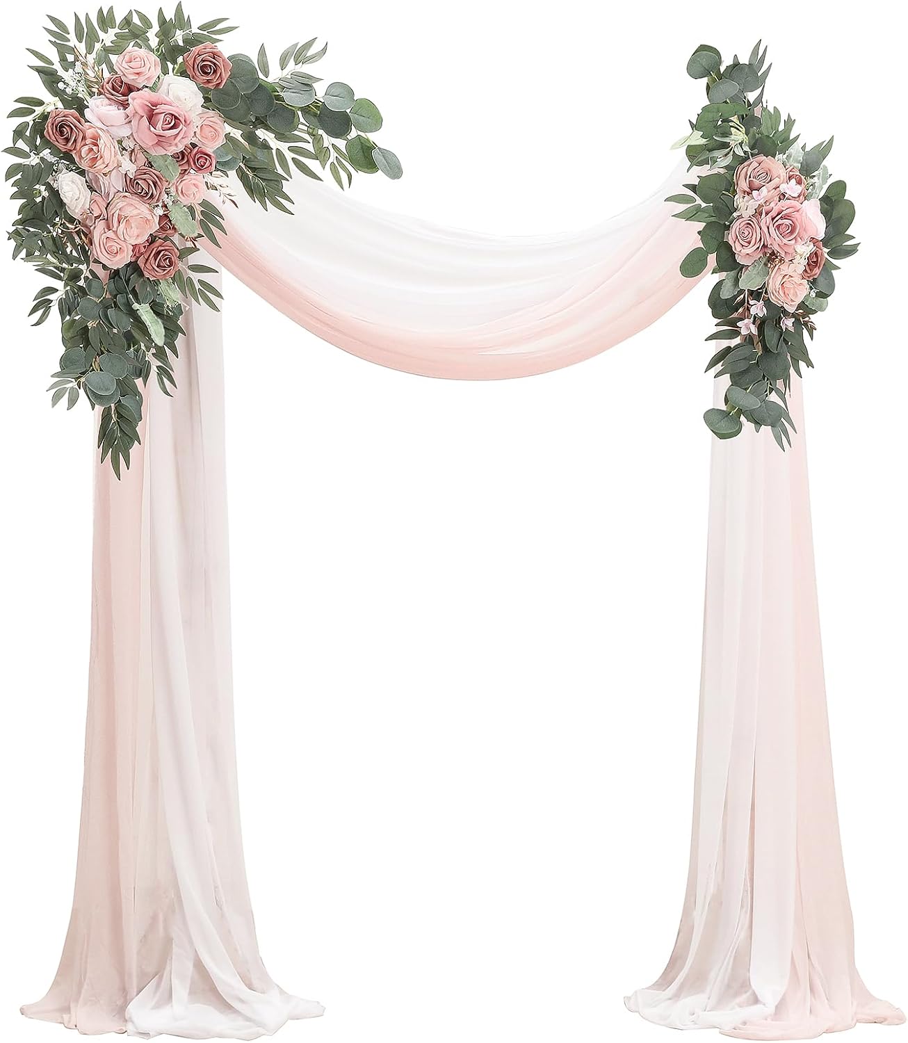 Floroom Arch Flowers with Drapes Kit (Pack of 4) - 2pcs Artificial Dusty Rose & Blush Floral Swag Arrangement with 2pcs Draping Fabric for Wedding Ceremony Arbor and Reception Backdrop Decoration