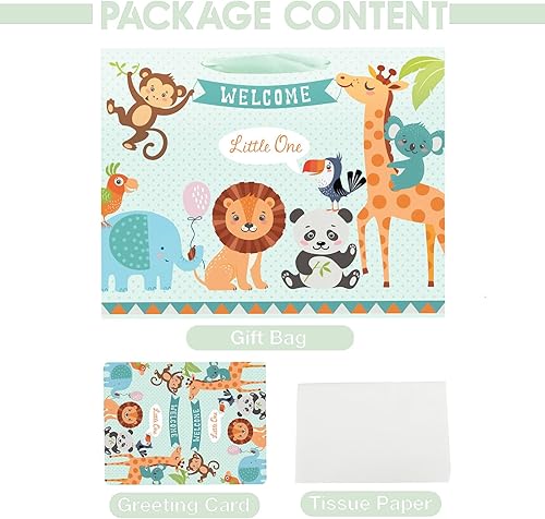 Miniatura 9 de Bolsa de regalo grande de 13 pulgadas para baby shower con papel de seda y tarjeta de felicitación, diseño de animales de acuarela
