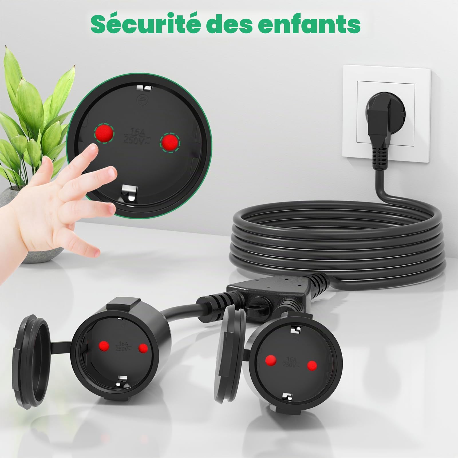 Rallonge Schuko,Câble d'extension 5M pour l'extérieur avec Contact de Protection,1 à 2 Contacts de Protection Extensibles,IP44 Rallonge avec 2 Prises de Courant,16A/250V (5M)