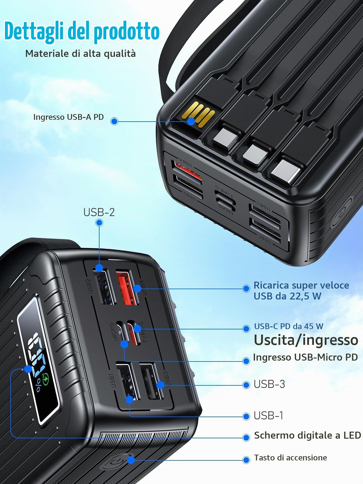 60000mAh Power Bank con cavo, 30W Powerbank PD USB C funzione di ricarica rapida Batteria esterna con display a LED, 7 uscite e 2 ingressi