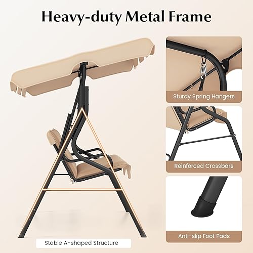 Miniatura 7 de RELAX4LIFE Silla columpio para porche para 3 personas, columpio para exteriores con toldo ajustable, cojín extraíble y soporte de marco de metal,