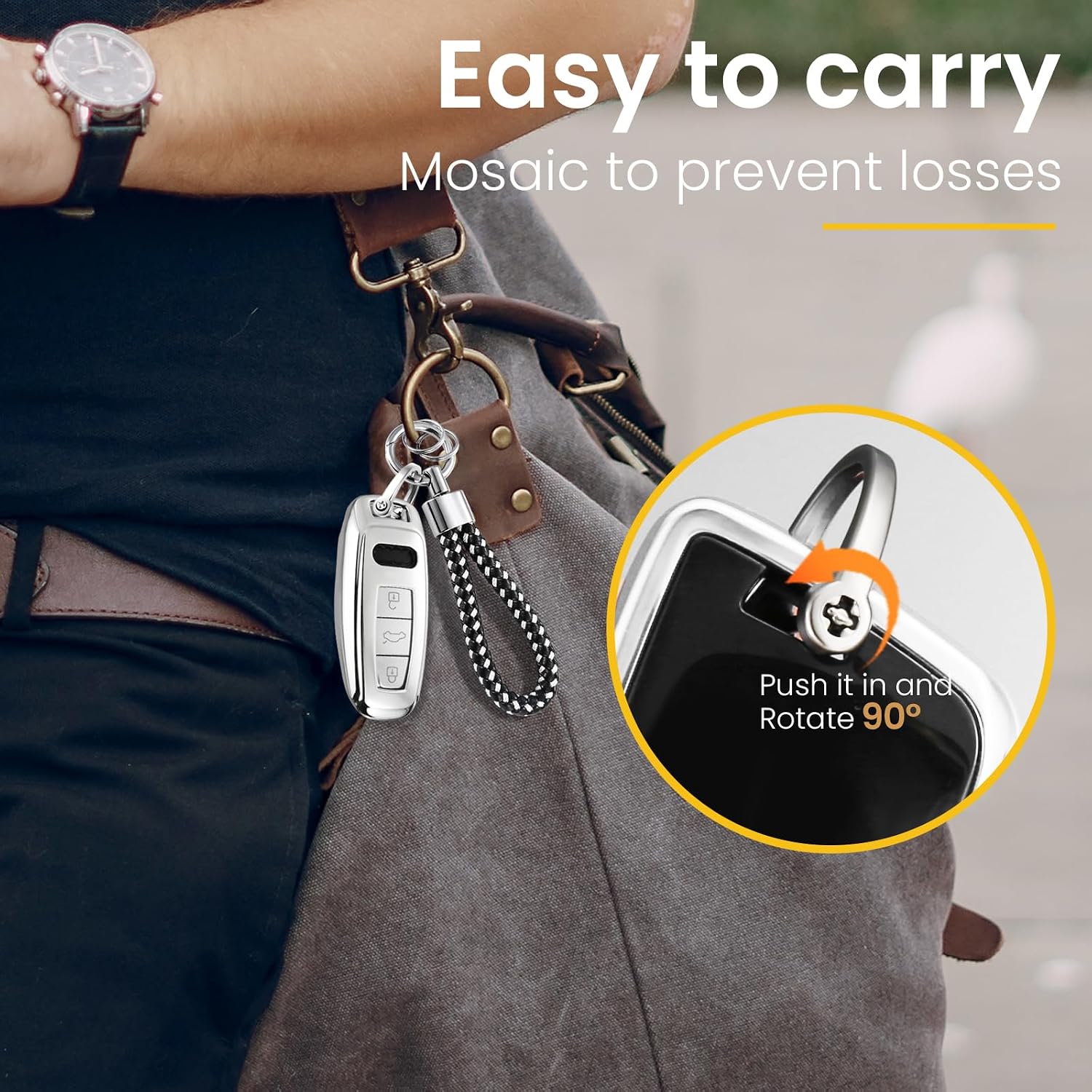Key Fob Cover for Audi, Silver Short PU Braided Loop Keychain image 5