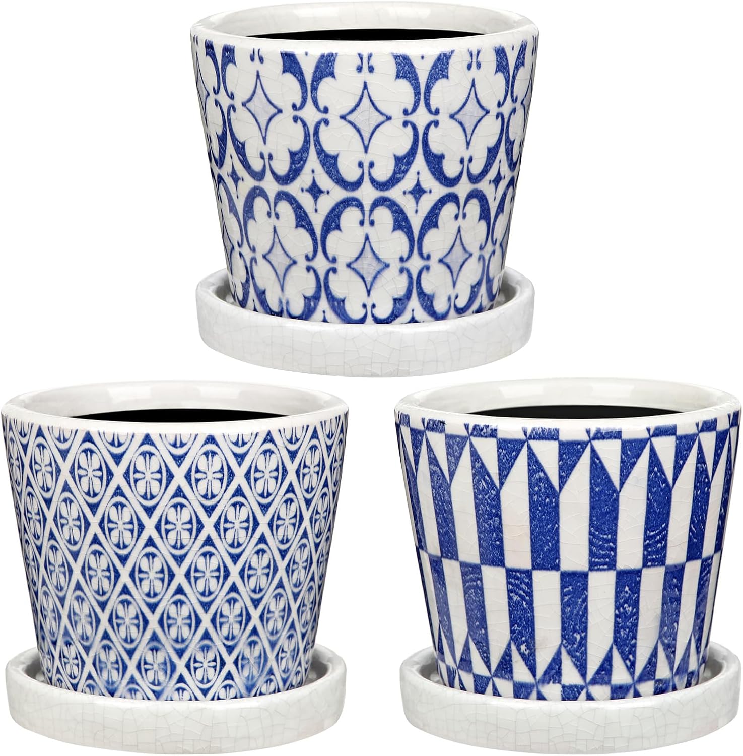 Oairse 4 inches Ceramic Planter Pots 3 Set of Small Round Flower Pots with Drainage Hole and Ceramic Tray for Succulents Cactus Indoor Outdoor Garden Home Windowsill