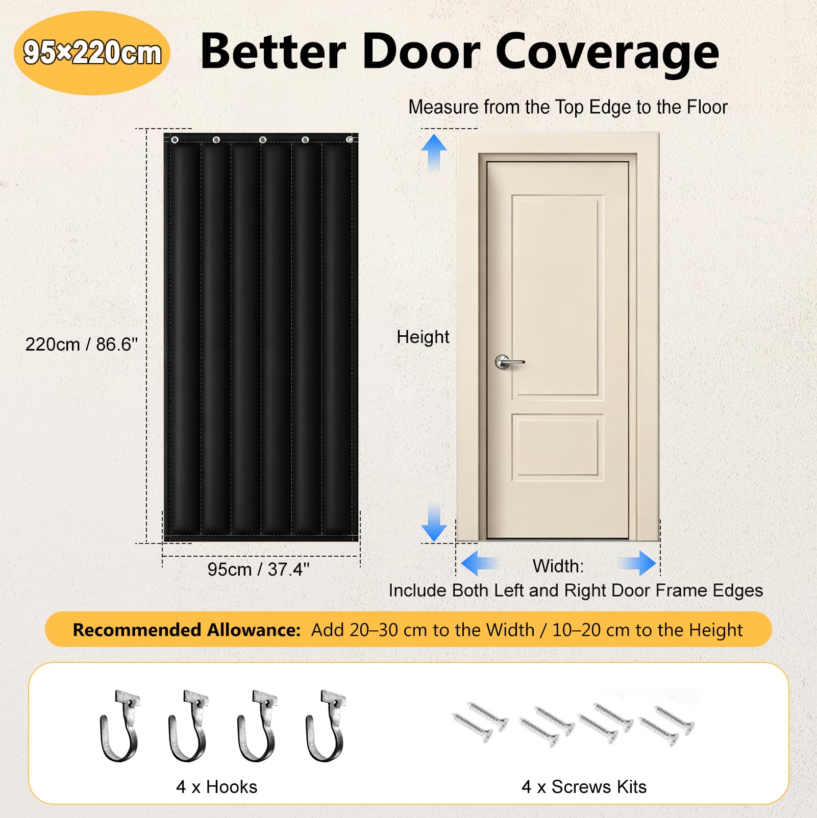 Rideau d'isolation acoustique pour porte, 95 x 220 cm, 3 couches, épaisse, isolation acoustique, avec crochets et kit de vis, pour chambre à coucher, studio de musique, studio d'enregistrement