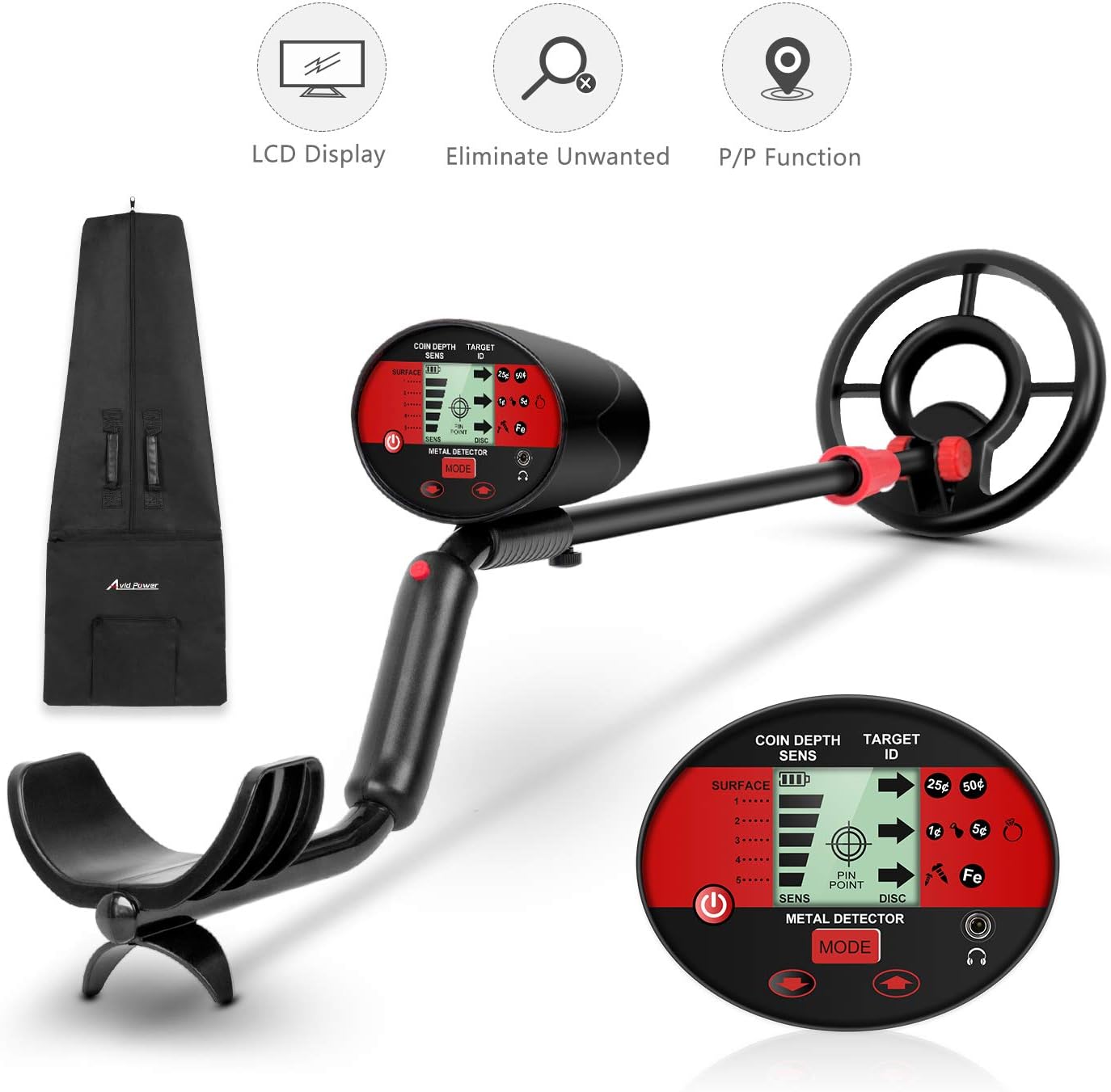 Avid Power Metal Detector for Adults Kids, Waterproof Metal Detectors with LCD Display, Pinpoint Function, Discrimination Mode, Distinctive Audio Tone and Carrying Bag