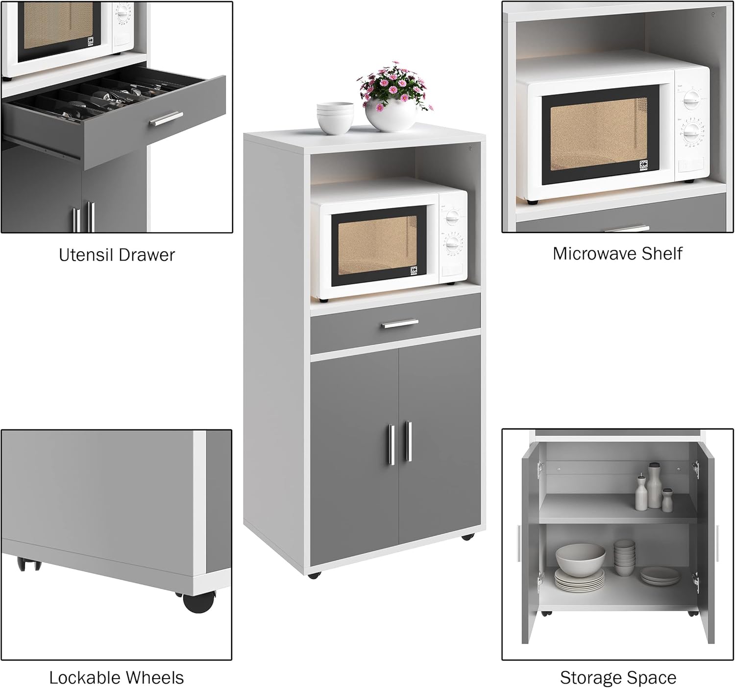 White and Gray Wood Microwave Stand with Storage and Wheels