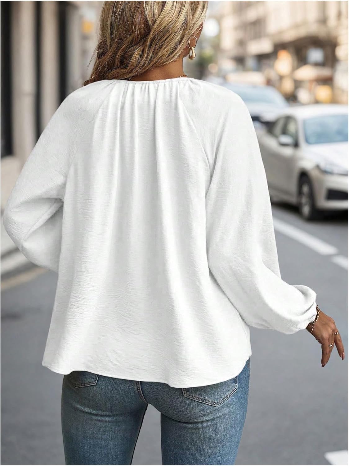 WDIRARA Women's Plus Size V Neck Long Lantern Sleeve Blouse Tie Front Tops Shirt - Image 2