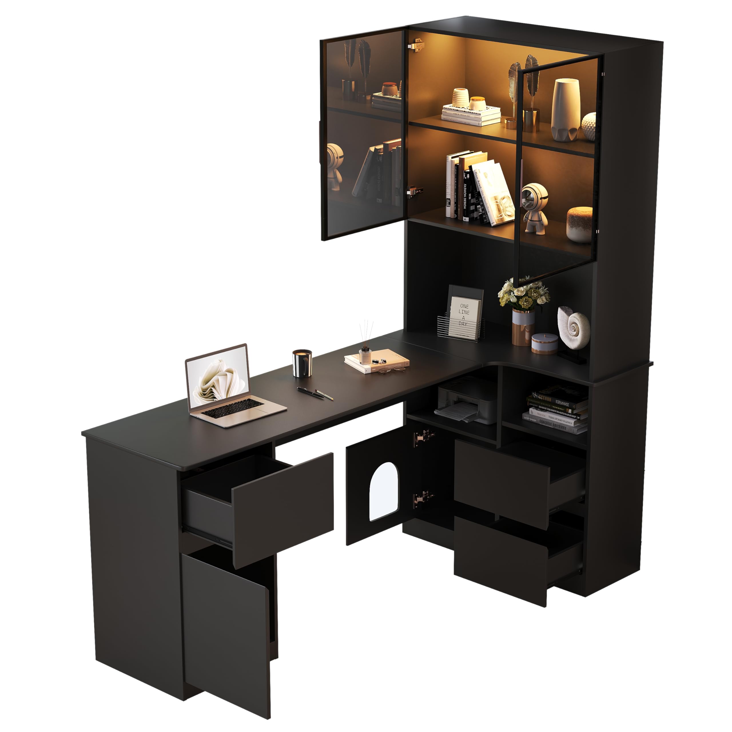 BTM Eckschreibtisch mit Regal und LED-Vitrinenschrank Schreibtisch Schrank mit Schubladen, Bücherregal und Haustierfach Schwarz