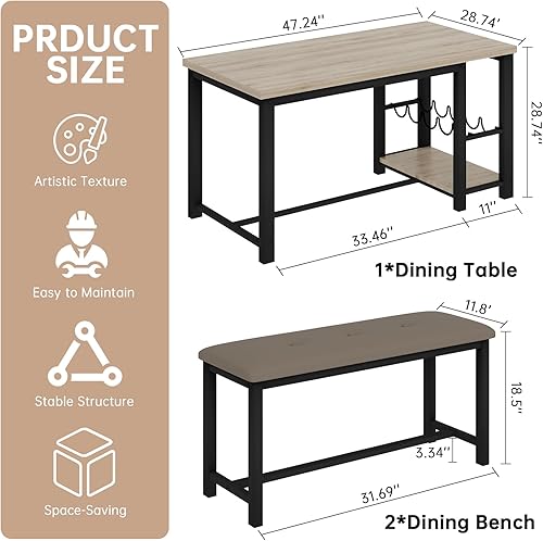 Miniatura 7 de LinkRomat Juego de mesa de comedor de 3 piezas, juego de mesa de comedor de 47 pulgadas para 2-4, juego de mesa de cocina con 2 bancos, juego de