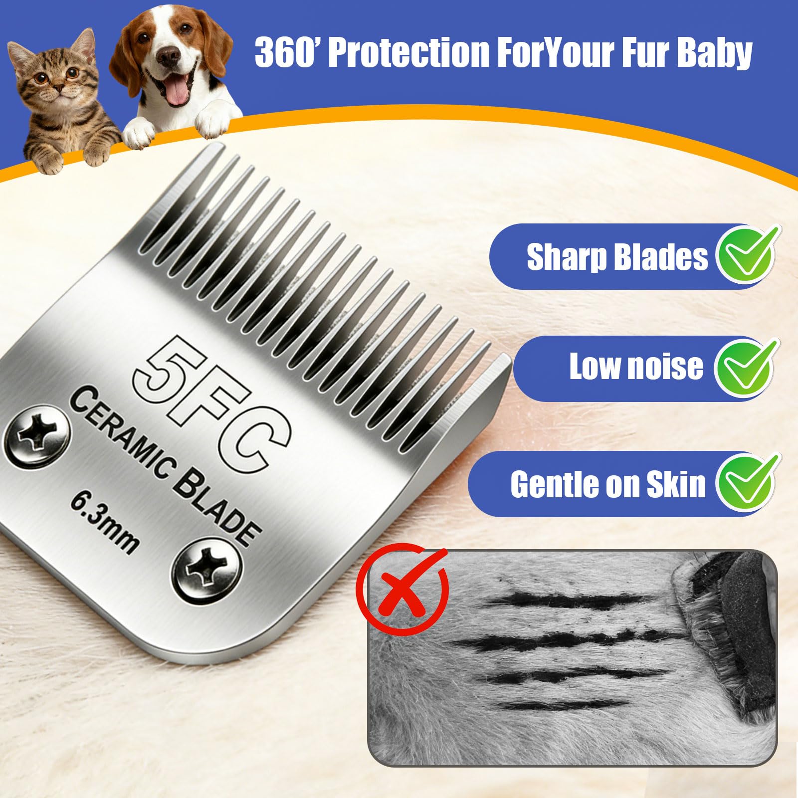 2Pack 5F abnehmbare Keramikklingen für die Hundepflege, kompatibel mit Andis, Oster A5, Wahl KM-10 Serie, Größe 5FC Klinge 1/4-Zoll 6,3 mm Schnittlänge