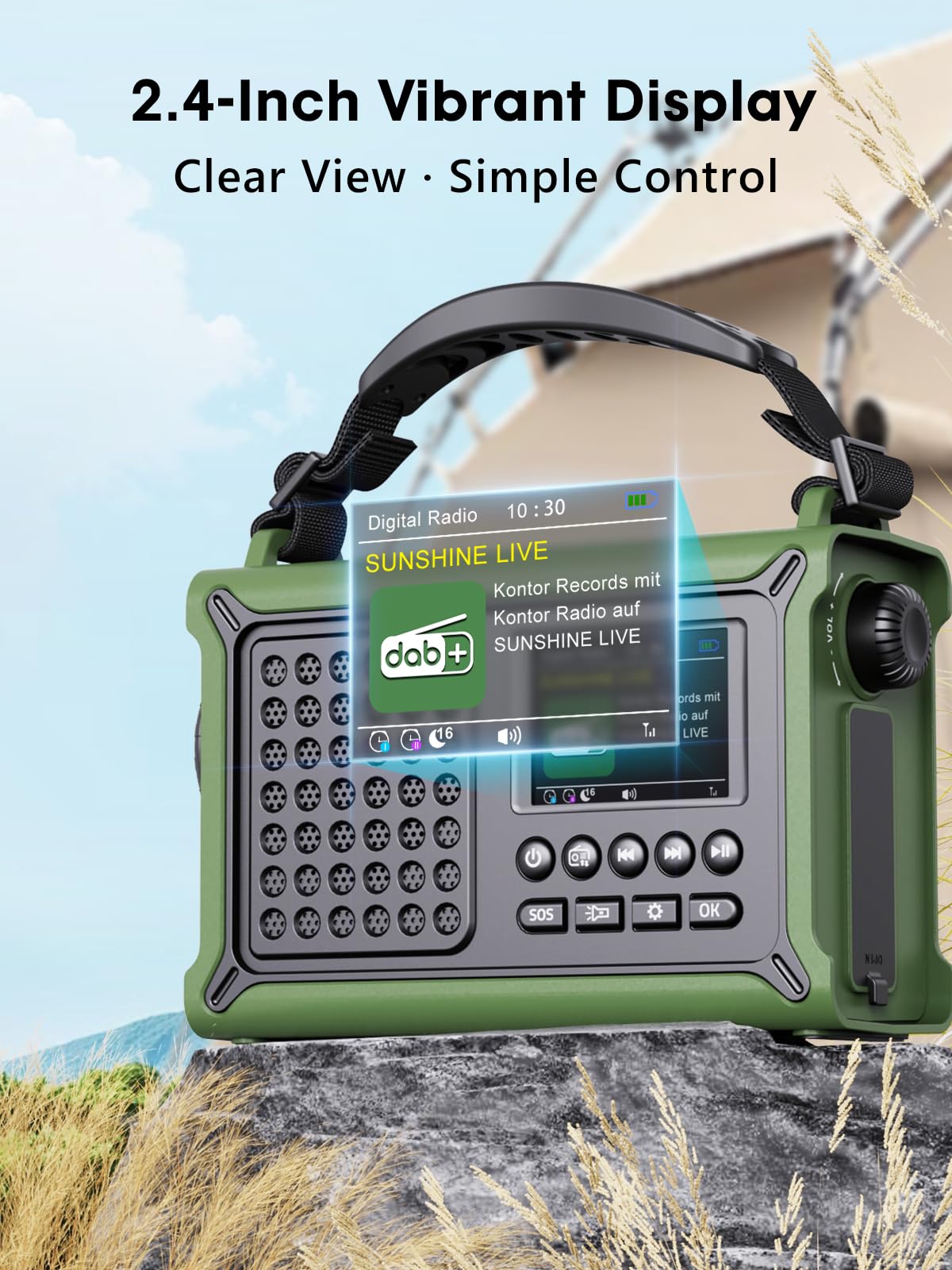 ROCAM Tragbares DAB+ Radio mit Bluetooth, 12000mAh Kurbelradio mit 8500mm² Solarpanel & 650mA Kurbel, DAB/UKW Digital Radio mit 2,4" Farbdisplay, 80 Sender, LED-Taschenlampe, SOS, IPX6 für Notfälle