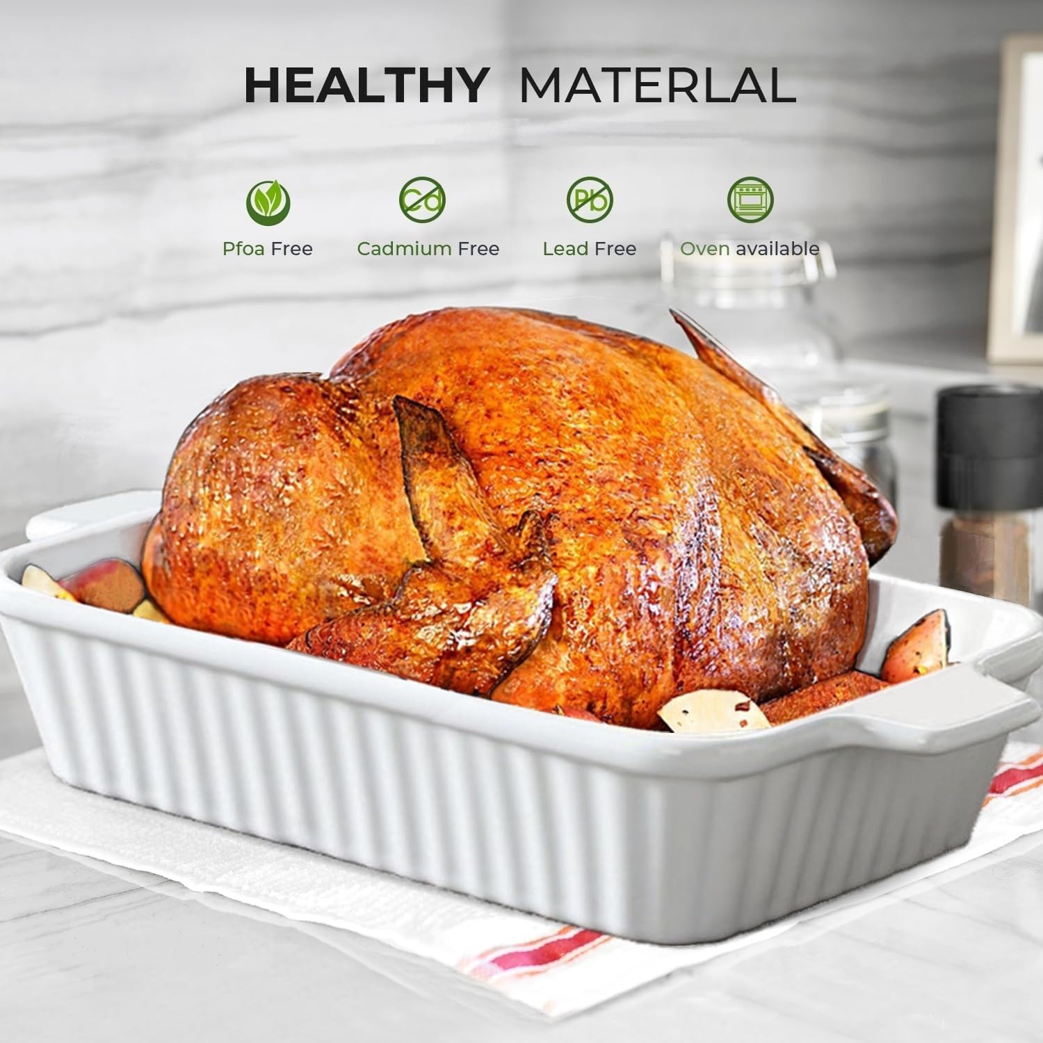 Ceramic Baking Dish Set (2-Piece) - 4.4QT & 1.8QT Rectangular Casserole Pans for Lasagna, Turkey, Cake - White Oven Safe Roaster Pans 13x9.5 & 12x7 Inch Dishwasher Safe