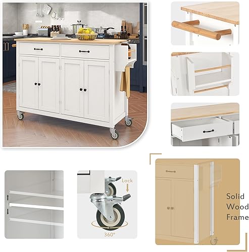 Miniatura 6 de P PURLOVE Carrito de isla de cocina con parte superior de madera y ruedas de bloqueo, carrito móvil de isla de cocina con armario de 4 puertas,