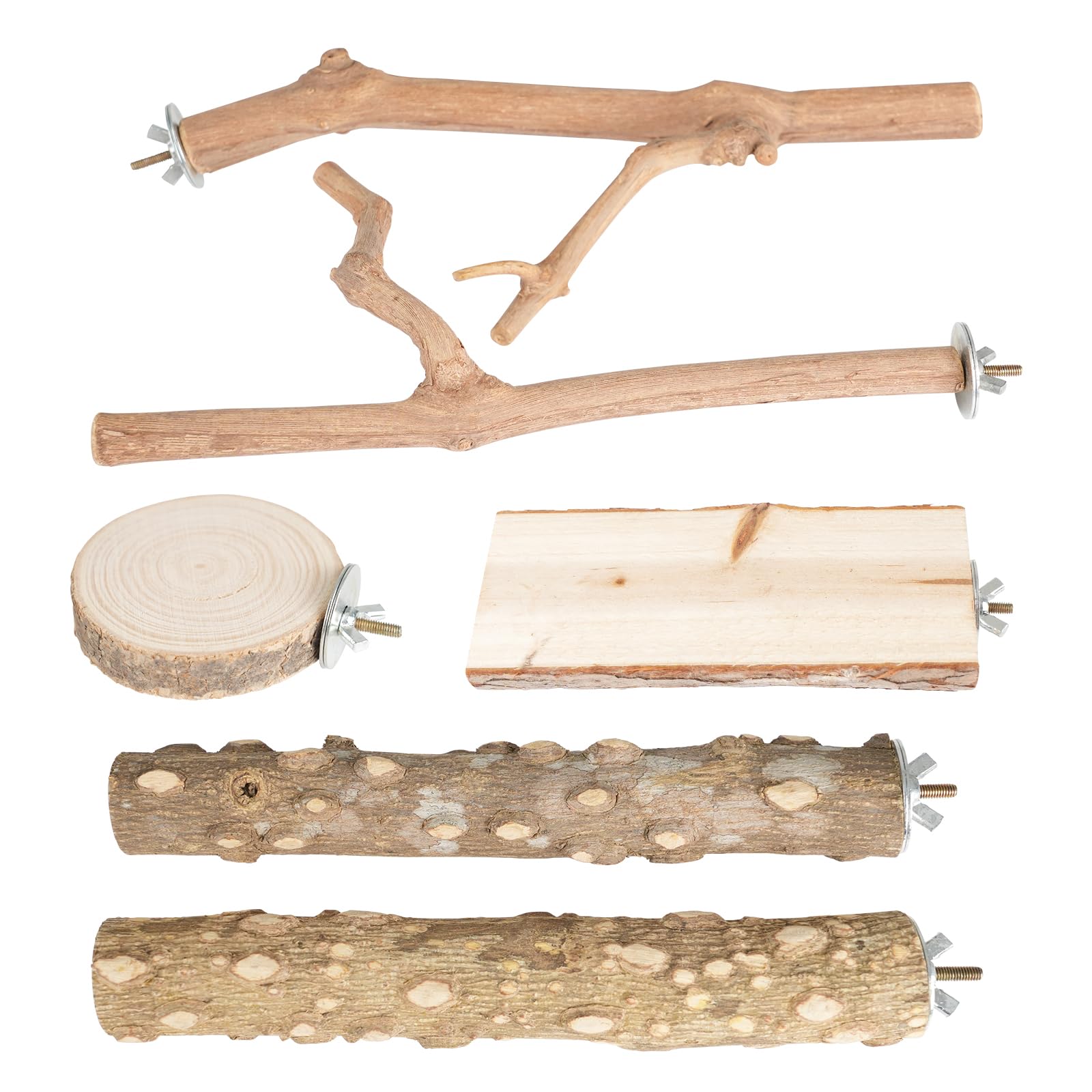 Bird Perch Stand, Pole Standing Natural Wood Bird Perch Set 7PCS Paw Grinding Fork Parrot Cage Branch with Rope Cage Accessories Toys for Parakeets, Cockatiels, Conure, Budgies (Brown 2)