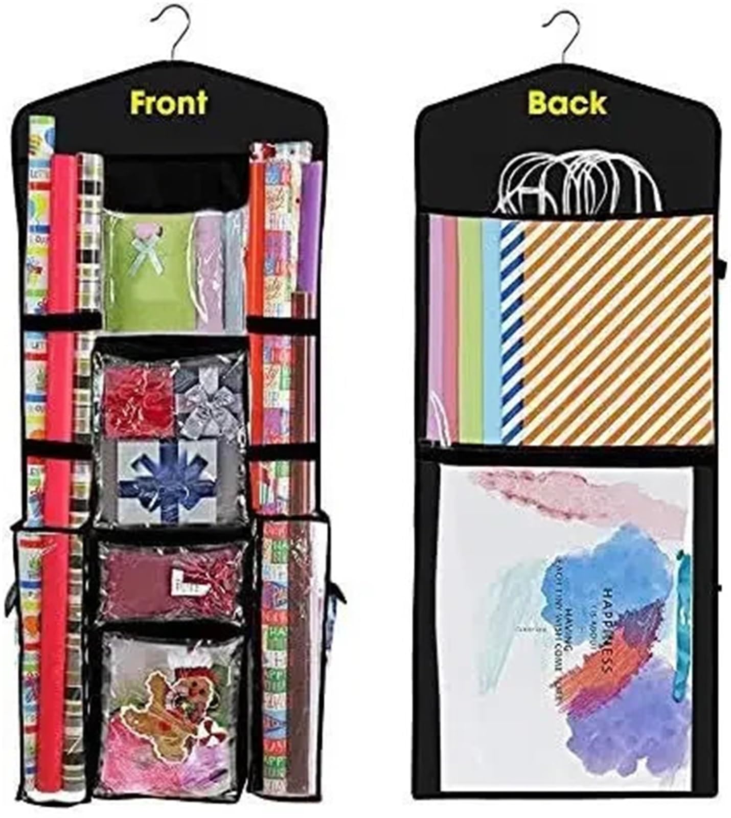 Geschenkpapier Aufbewahrung Hanging Gift Wrap Storage Organizer, Wrapping Paper Storage Hanging Gift Bag Organizer Station With Multiple Pockets(Black)