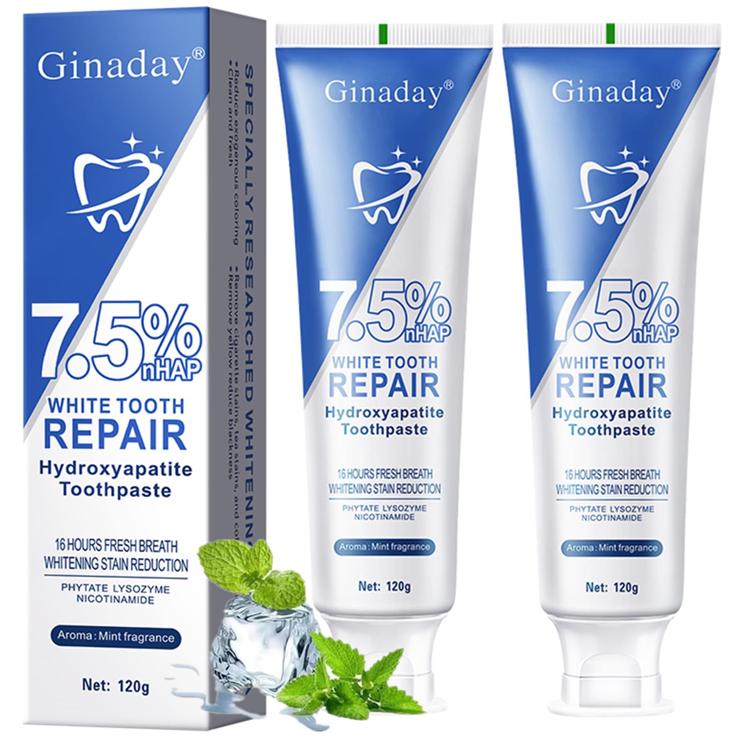 2Pack Hydroxyapatite Toothpastes for Enamel Protection and Tooth Strengthening,Fluoride-Free Toothpaste for Sensitive Teeth Gentle Mint, Fresh Breath