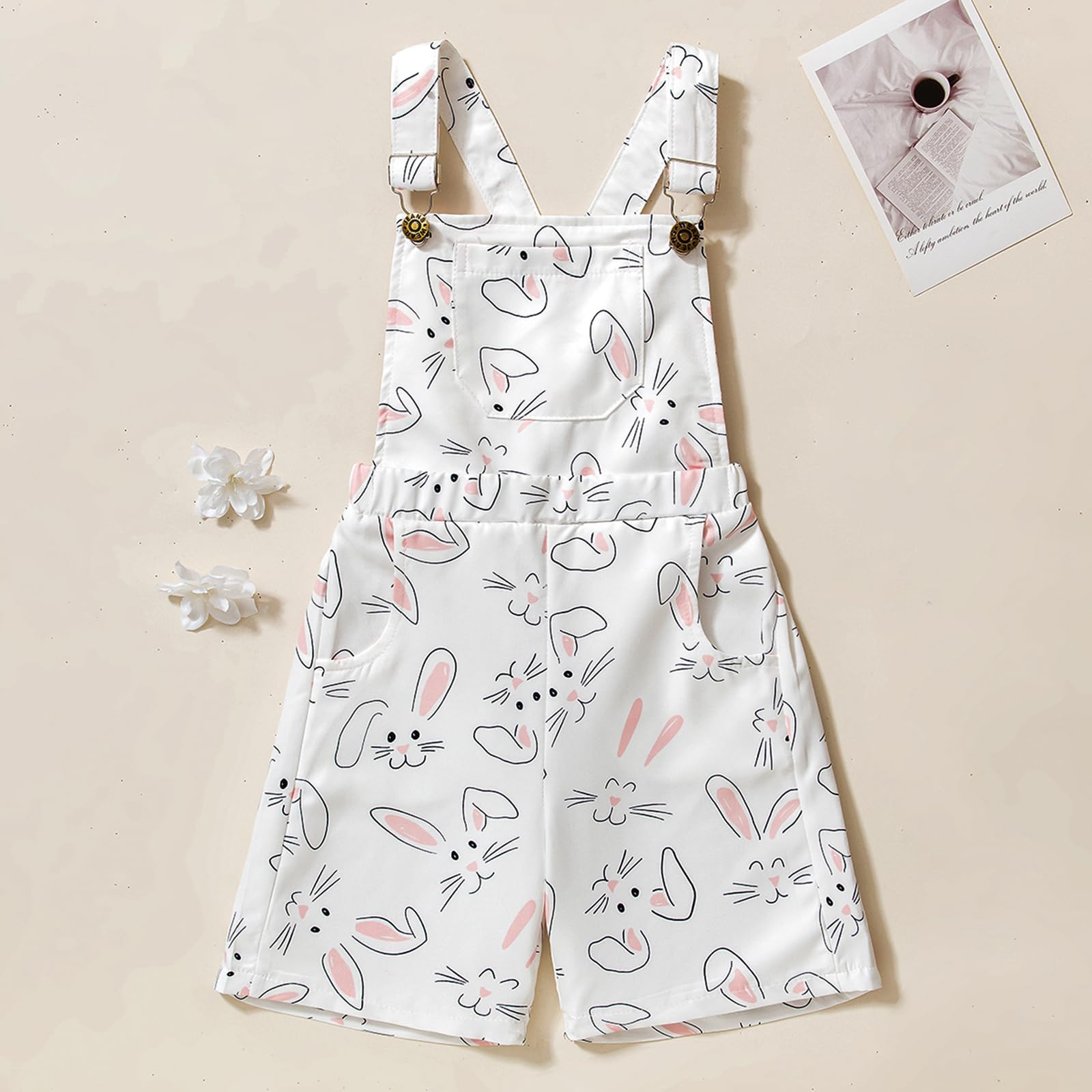 BULINGNA Toddler Infant Baby Girl Overall Shorts Square Neck Suspender Jumpsuit with Pockets Easter St. Patrick's Day Outfit (White-Pink, 6-12 Months)