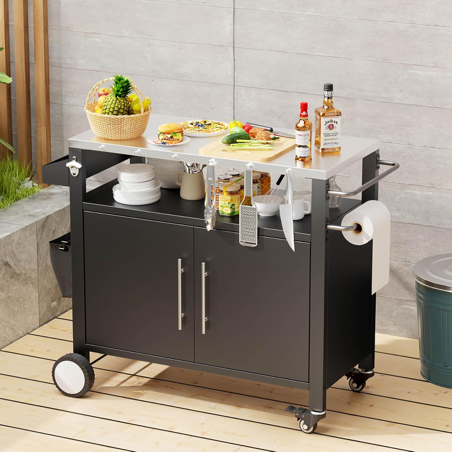 48" Outdoor Grill Cart with Wheels - Stainless Steel BBQ Prep Table with Storage Cabinet, Spice Rack & Hooks, Heavy-Duty Patio Kitchen Cart for Grilling Accessories, Black (Two Doors)