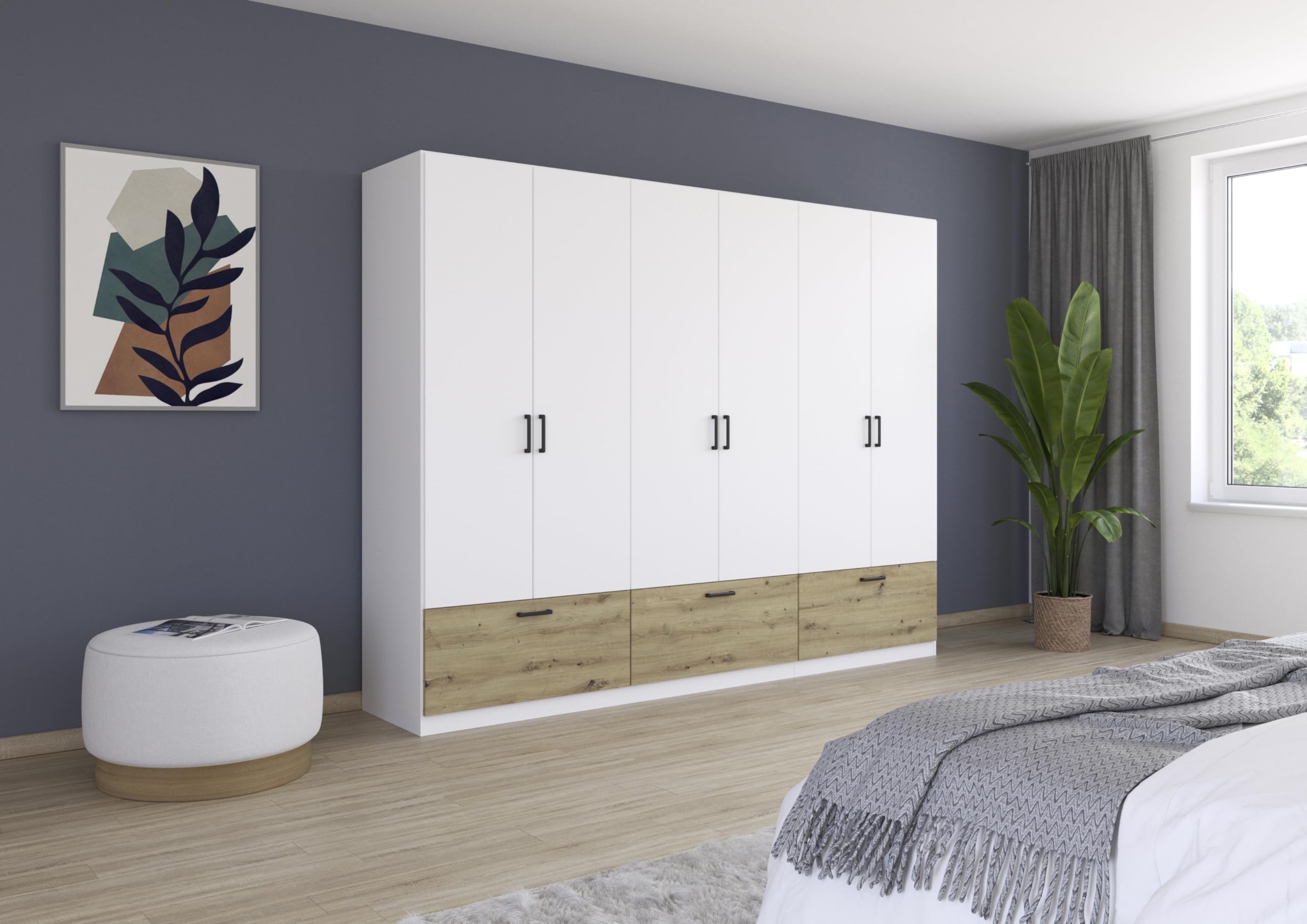 Rauch Möbel BARI, Kleiderschrank, Farbe Weiß/Eiche Artisan, Breite 271 cm | Schrank, 6-türig, 3 Schubladen, für Schlafzimmer, Kinderzimmer, Babyzimmer, Homeoffice, Garderobe, Flur