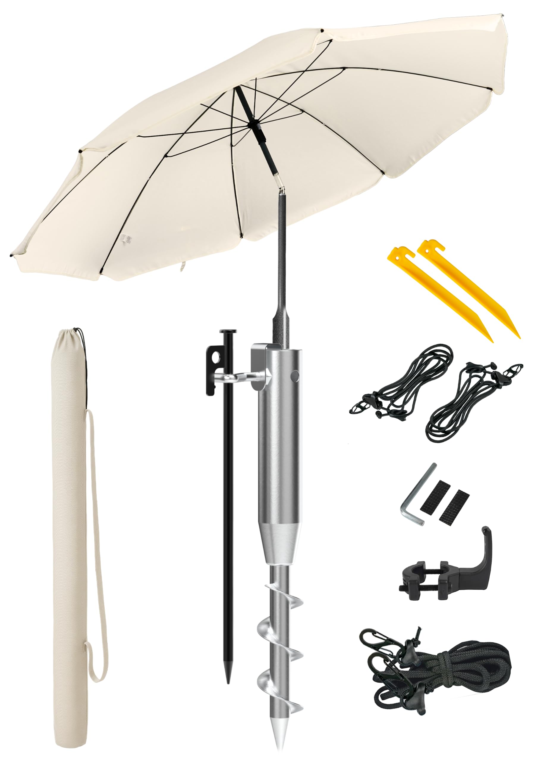 4smile Sonnenschirm Strand Ø 180 cm 4-in-1 SET mit Eindrehbodenhülse, Beige | UPF 50+, Strandschirm windfest stabil, mit Schirmspieß & Schutzhülle & Windsicherung, sicherer Sonnenschutz Strand