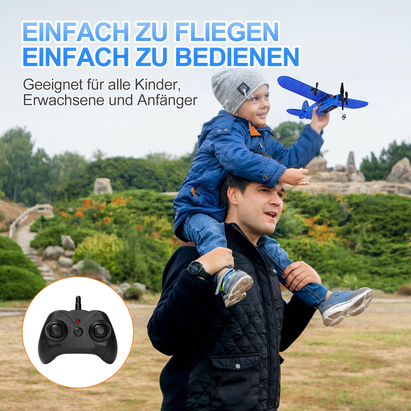 Henakmsl 2CH Aereo Telecomandato FX803, 2,4 GHz Aereo RC Aeroplano Telecomandato con 2 Batterie, Aliante Volante Telecomandato per Adatto a Bambini/Adulti/Principianti, Ricarica USB, Blu