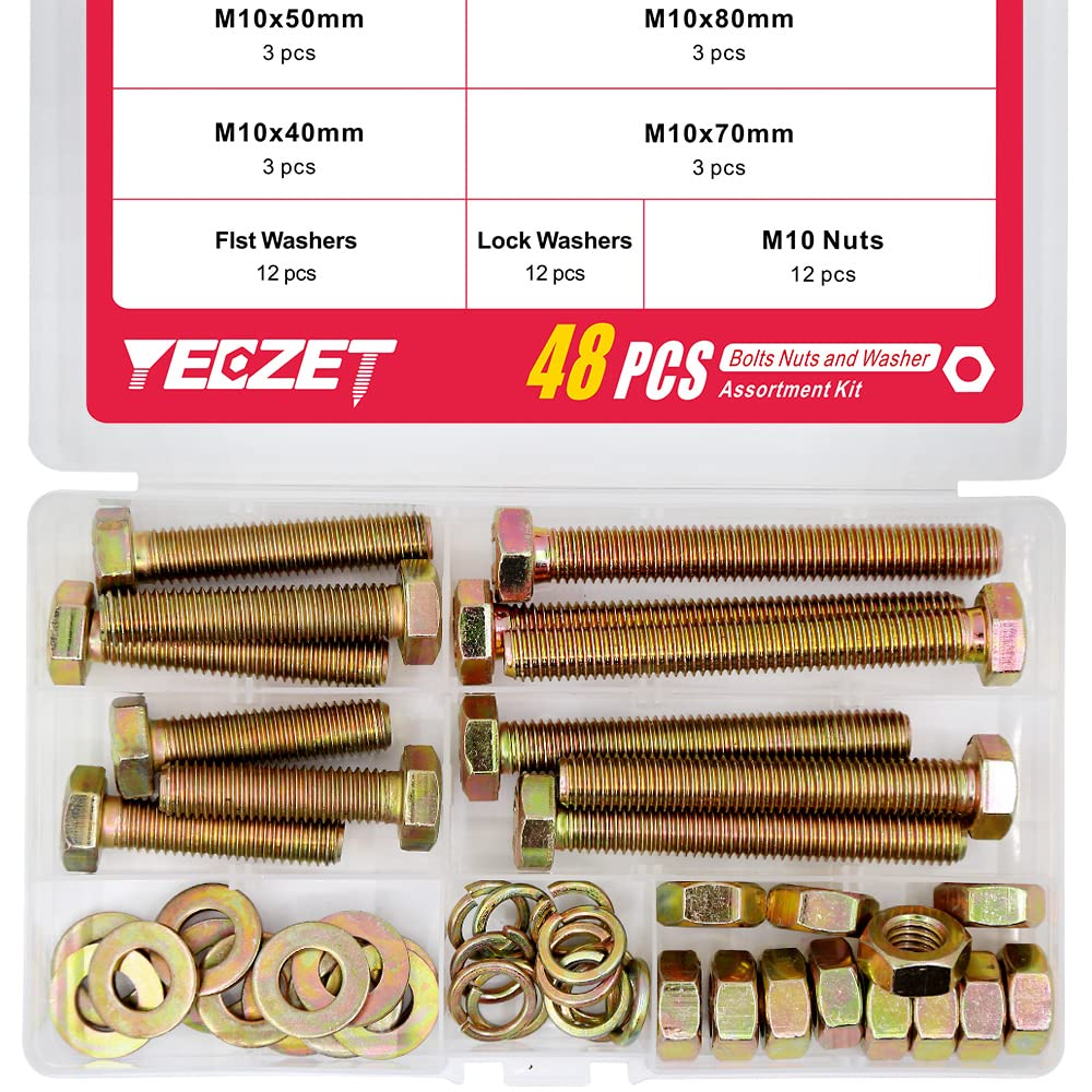 YEEZET48Pcs Grade 8.8 M10 Hex Head Screws Bolts and Nuts Flat & Lock Washers Assortment Kit 40mm 50mm 70mm 80mm